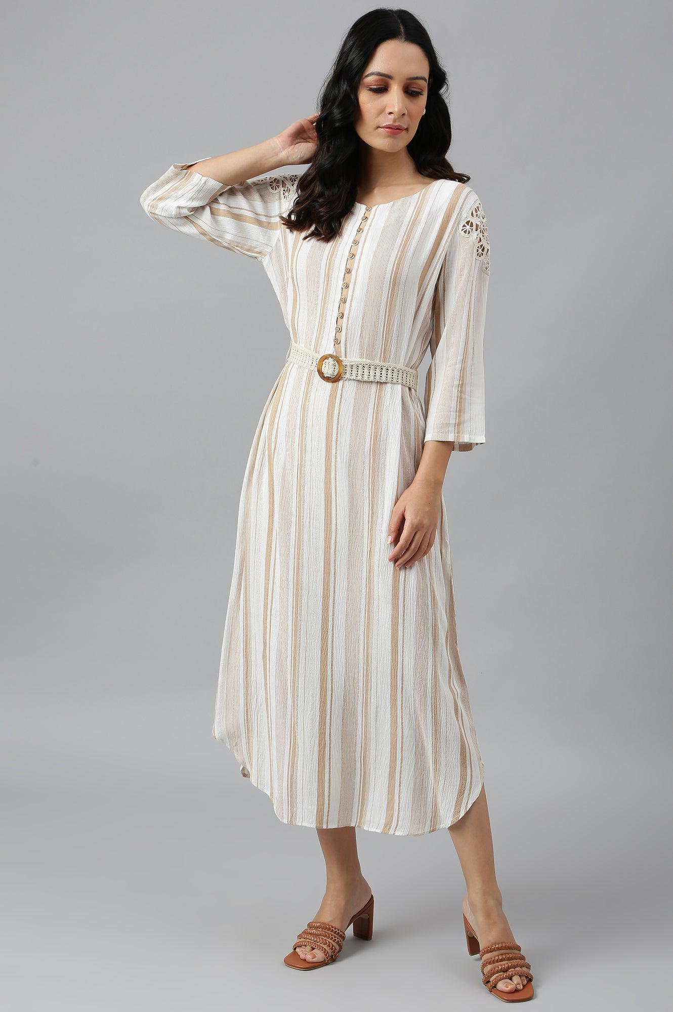 Ecru And Brown Stripe Print Dress With Crochet Belt - Image 5