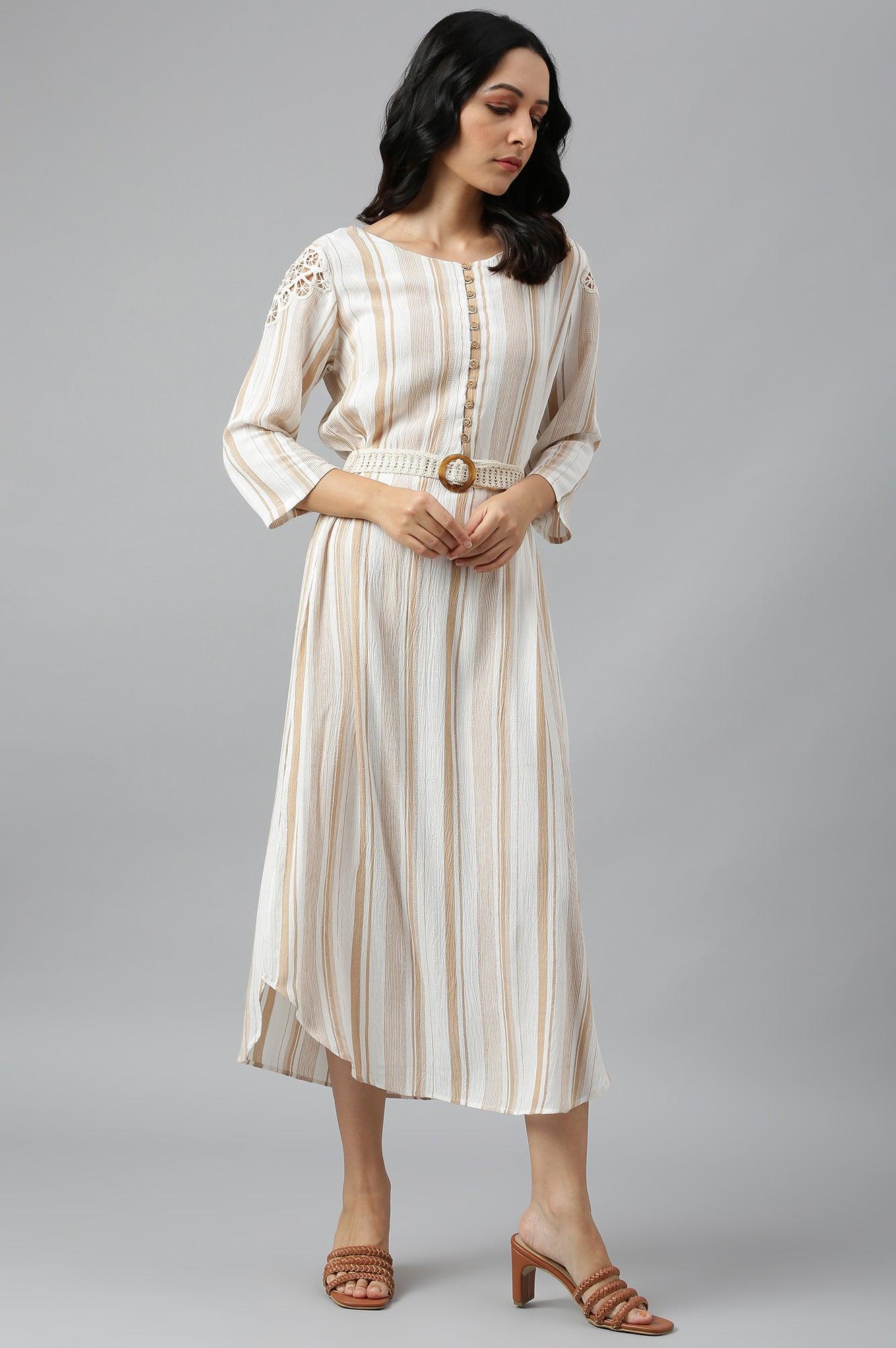 Ecru And Brown Stripe Print Dress With Crochet Belt - Image 6
