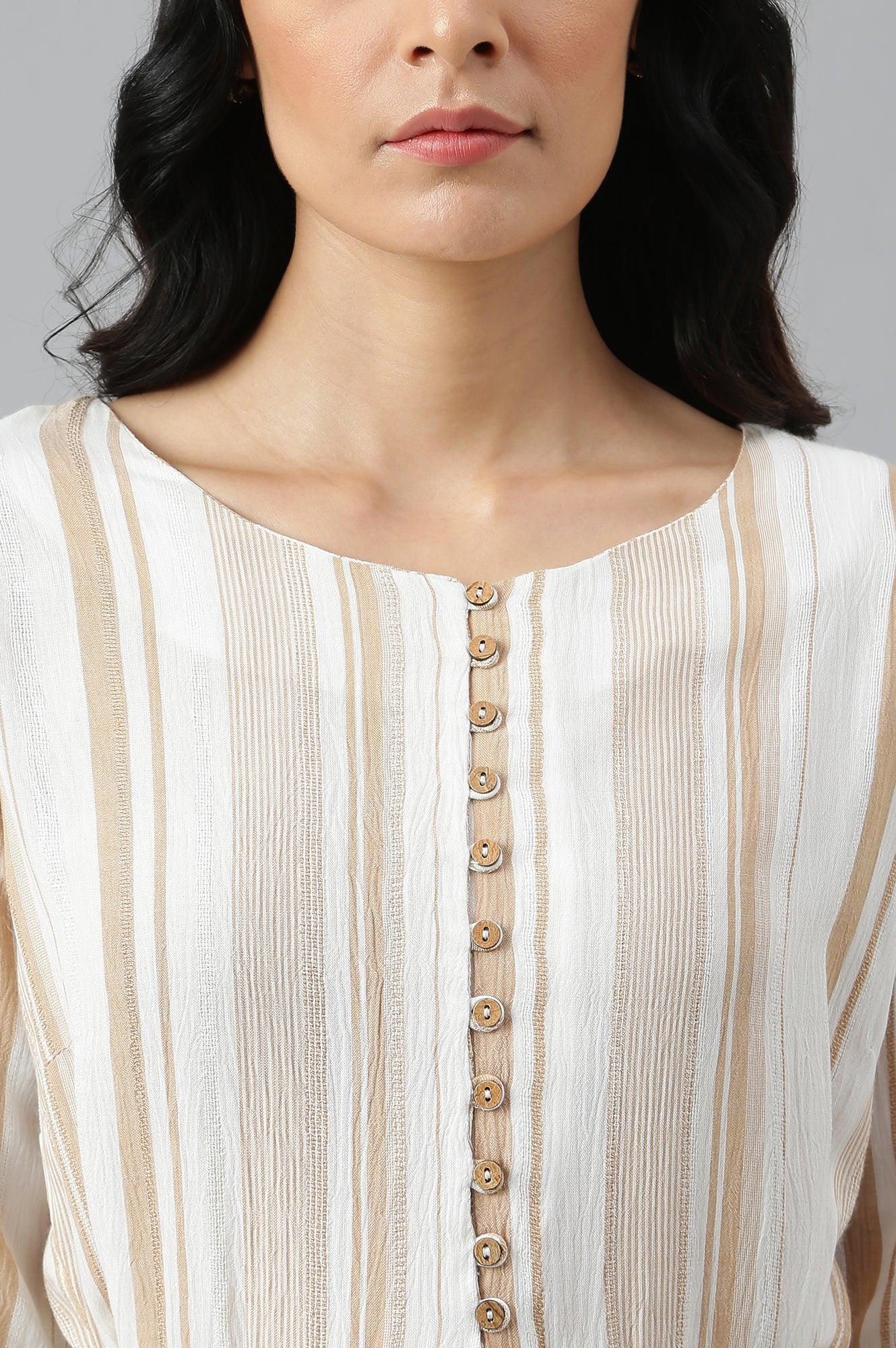 Ecru And Brown Stripe Print Dress With Crochet Belt - Image 8