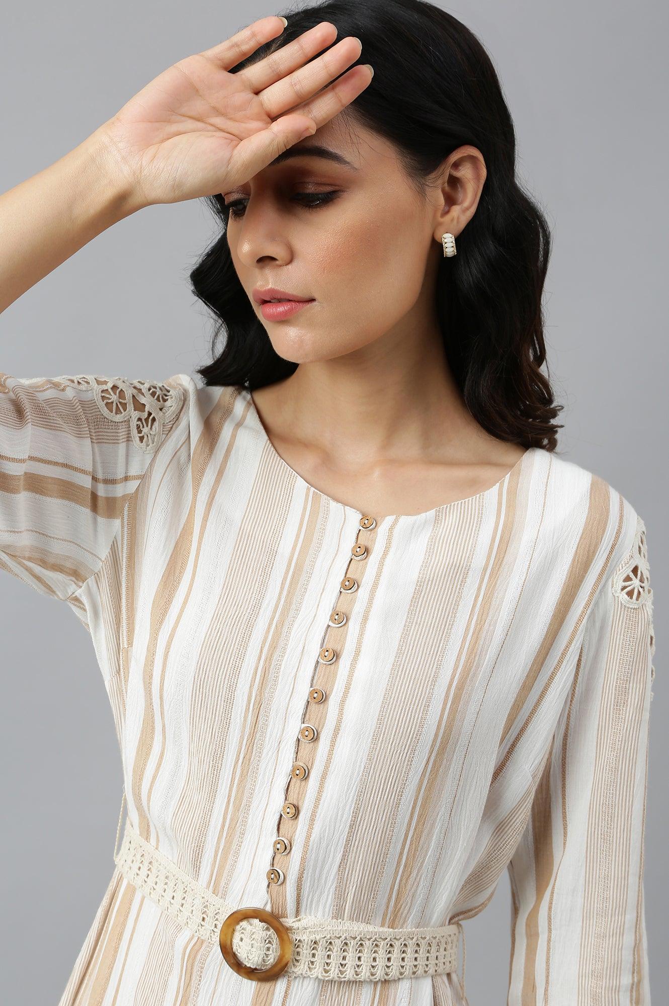 Ecru And Brown Stripe Print Dress With Crochet Belt - Image 9