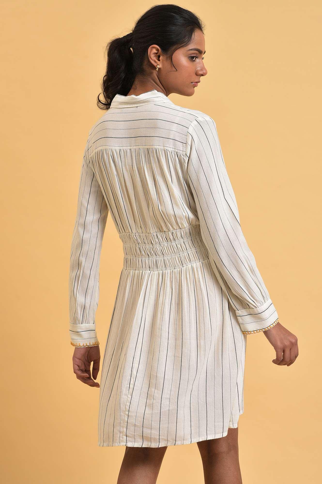 Ecru And Grey Striped Smocking Waist Dress - Image 3