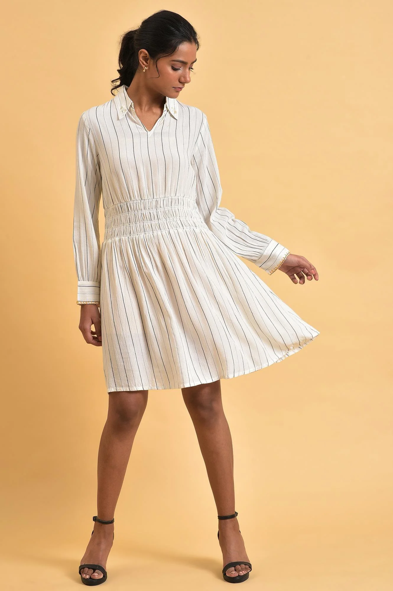 Ecru And Grey Striped Smocking Waist Dress - Image 7