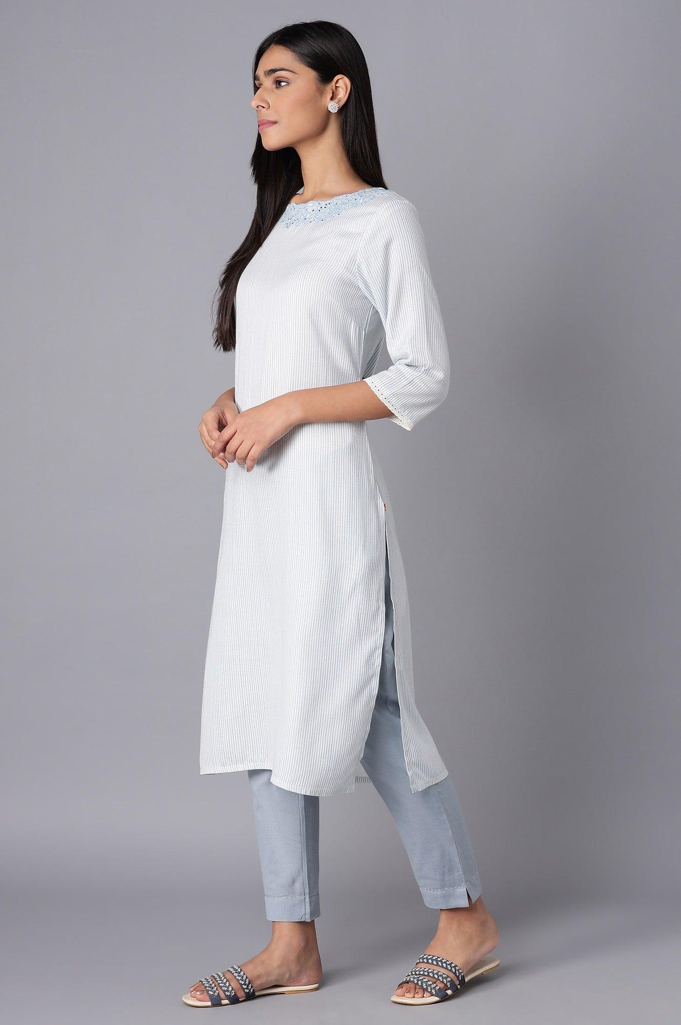 Ecru and Light Blue Stripe Print kurta - Image 3