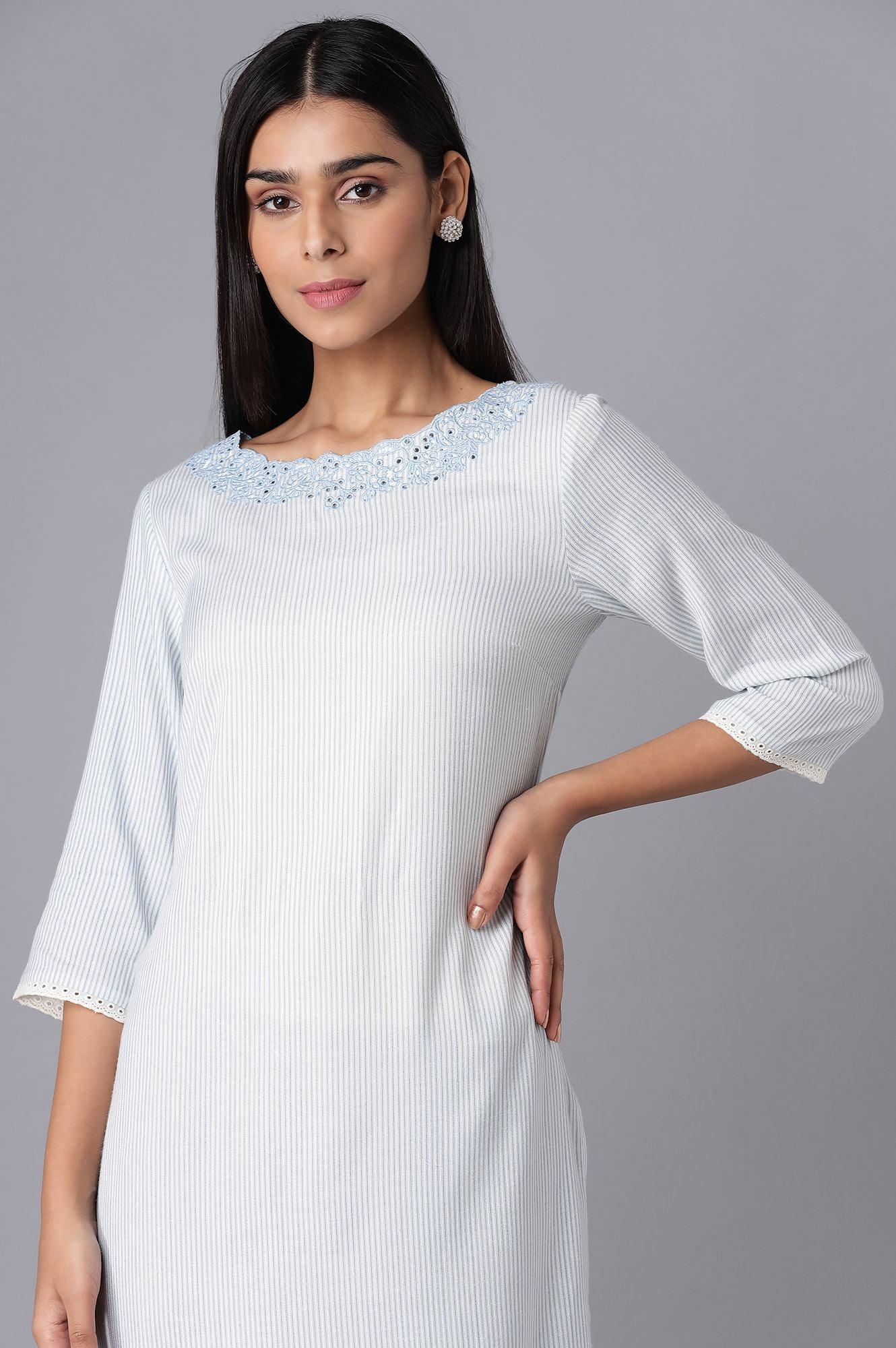 Ecru and Light Blue Stripe Print kurta - Image 5