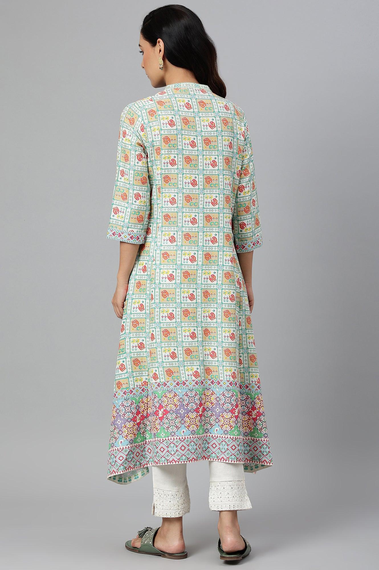 Ecru And Multicoloured Printed Flared kurta - Image 4