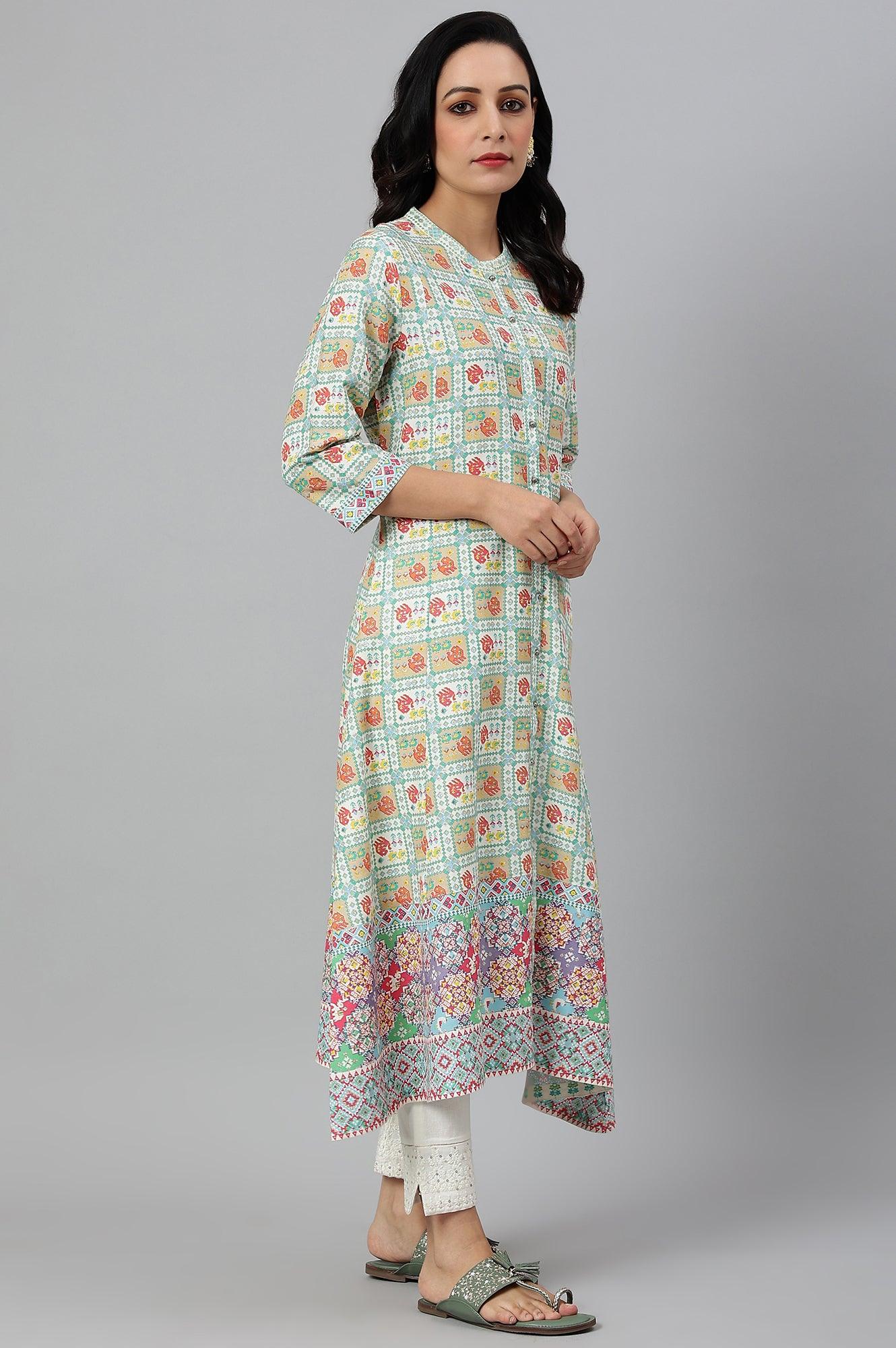 Ecru And Multicoloured Printed Flared kurta - Image 6