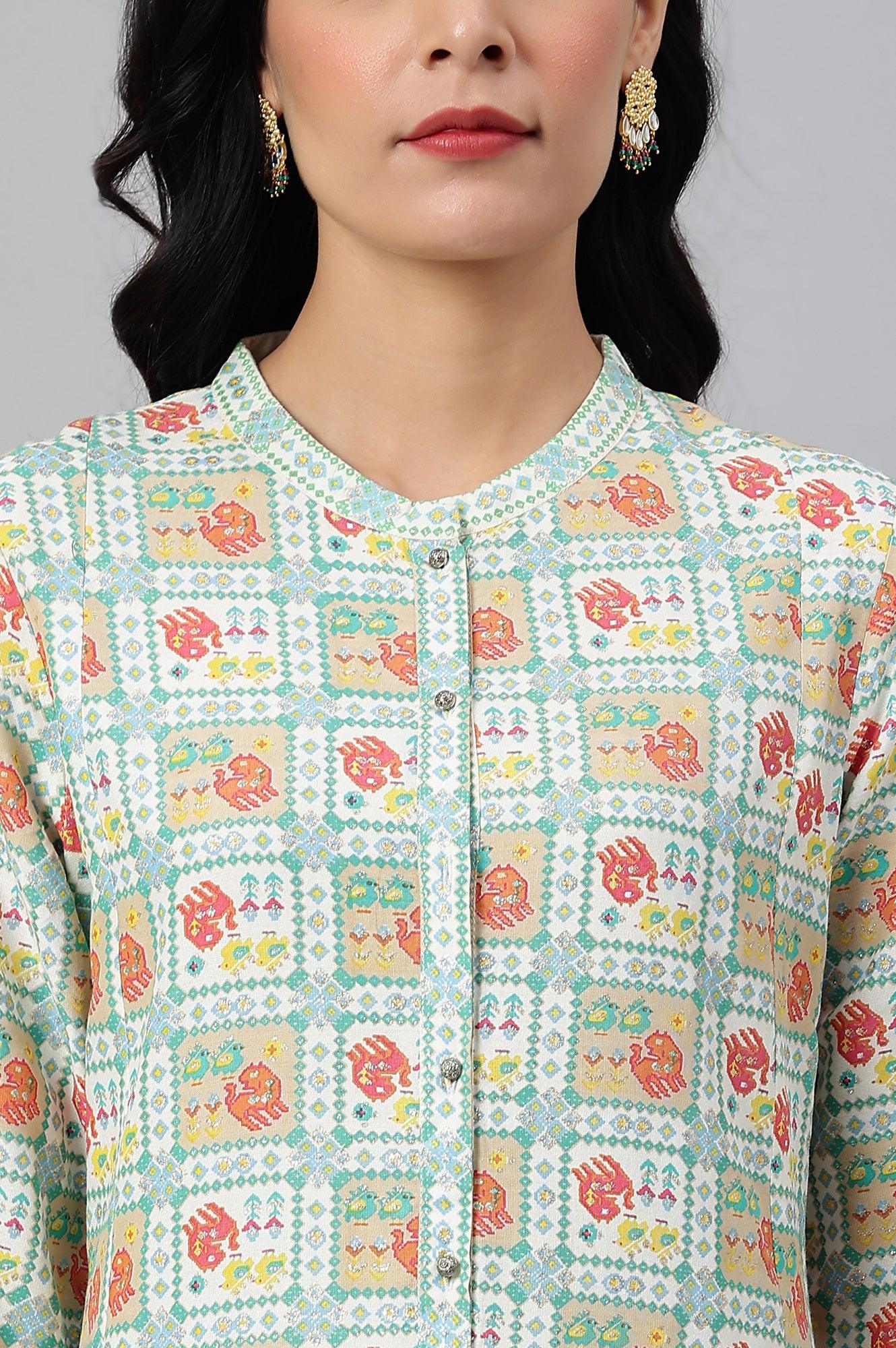 Ecru And Multicoloured Printed Flared kurta - Image 8