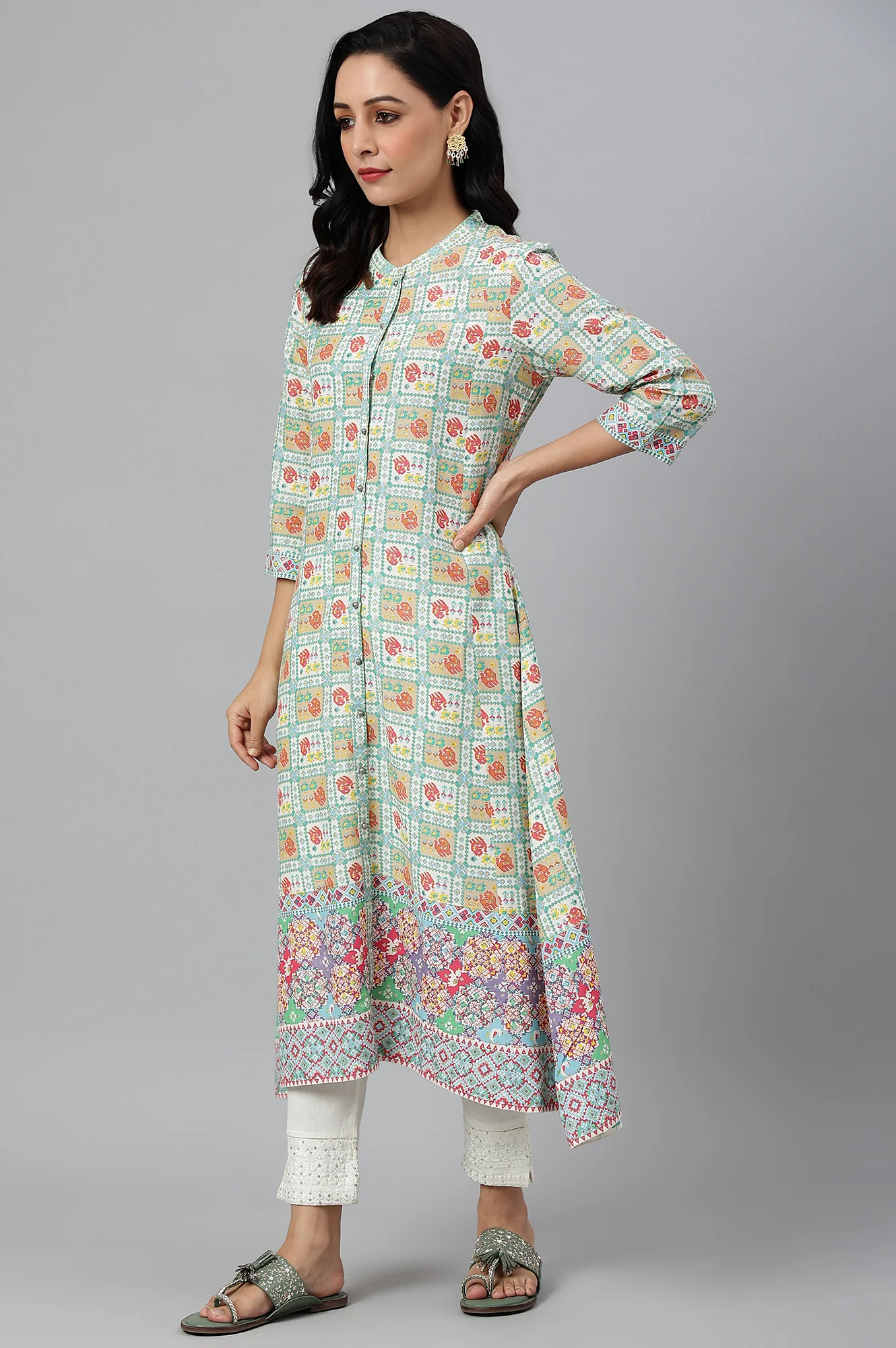 Ecru and Multicoloured Printed Flared Kurta - Image 3