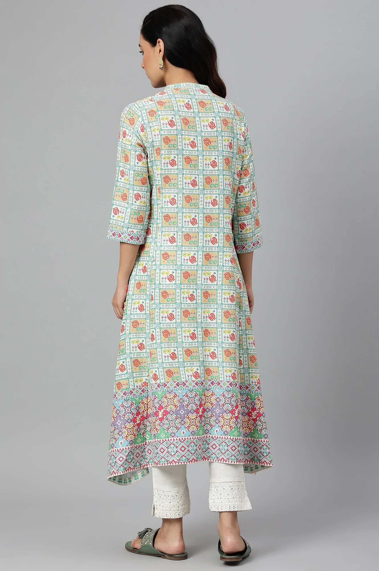 Ecru and Multicoloured Printed Flared Kurta - Image 4