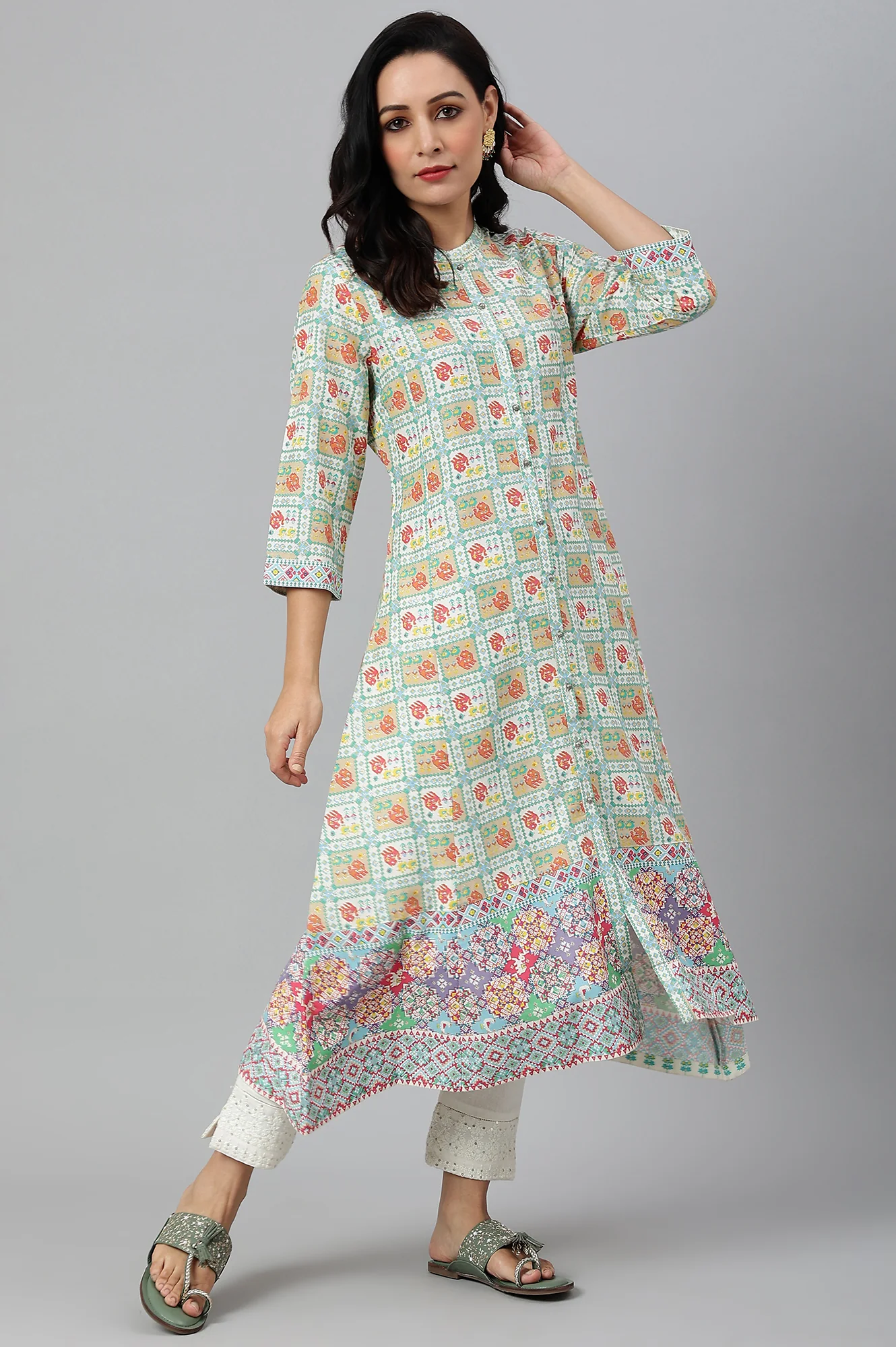 Ecru and Multicoloured Printed Flared Kurta - Image 5