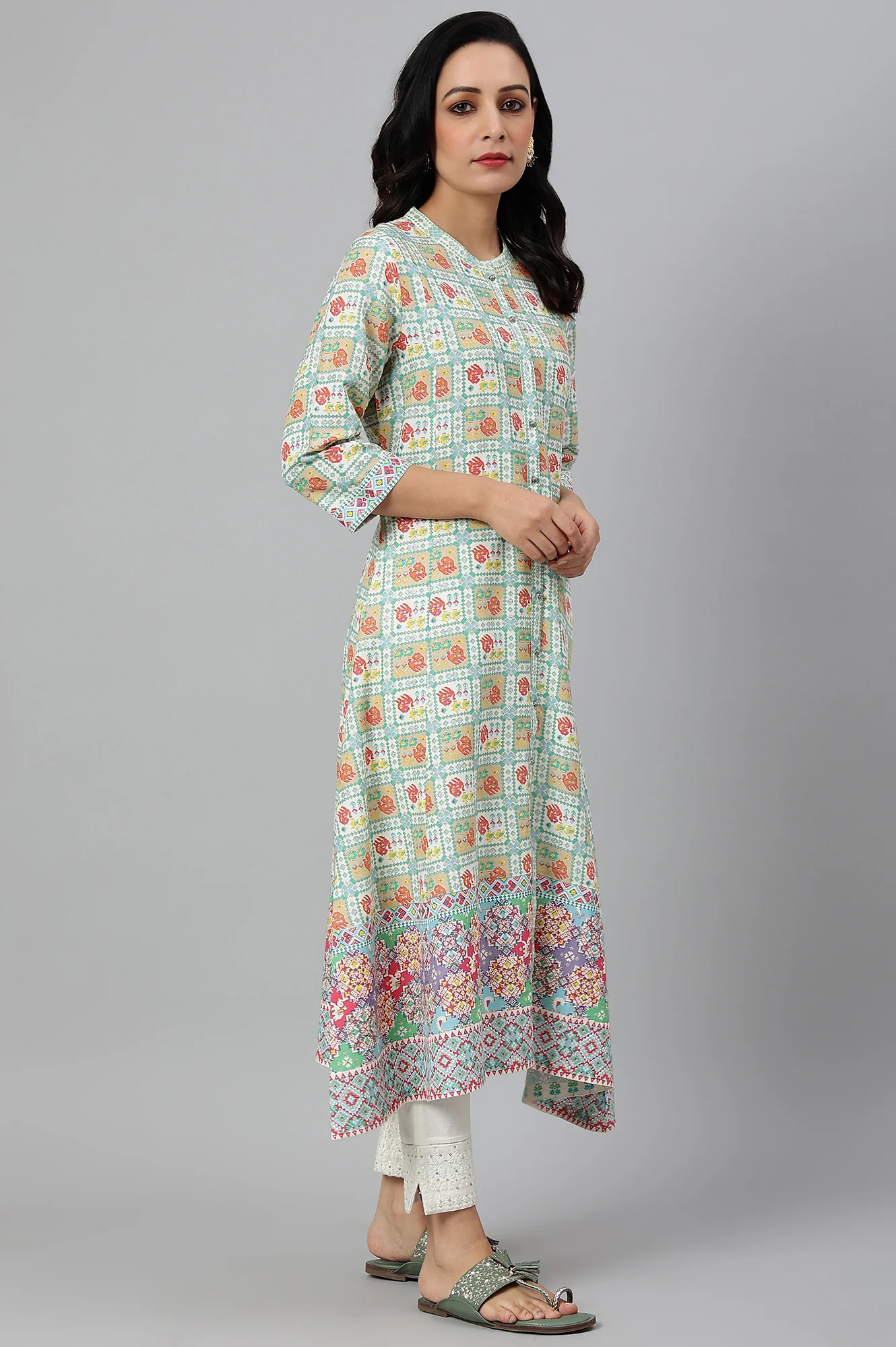 Ecru and Multicoloured Printed Flared Kurta - Image 6