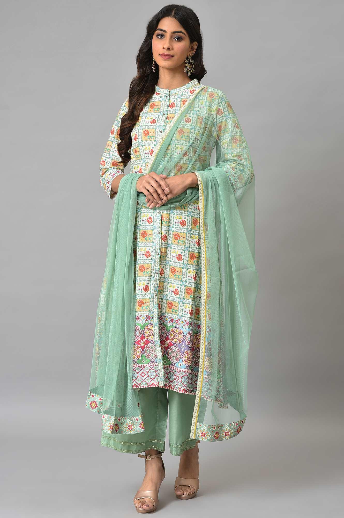 Ecru And Multicoloured Printed Flared kurta With Green Parallel Pants And Mesh Dupatta - Image 10