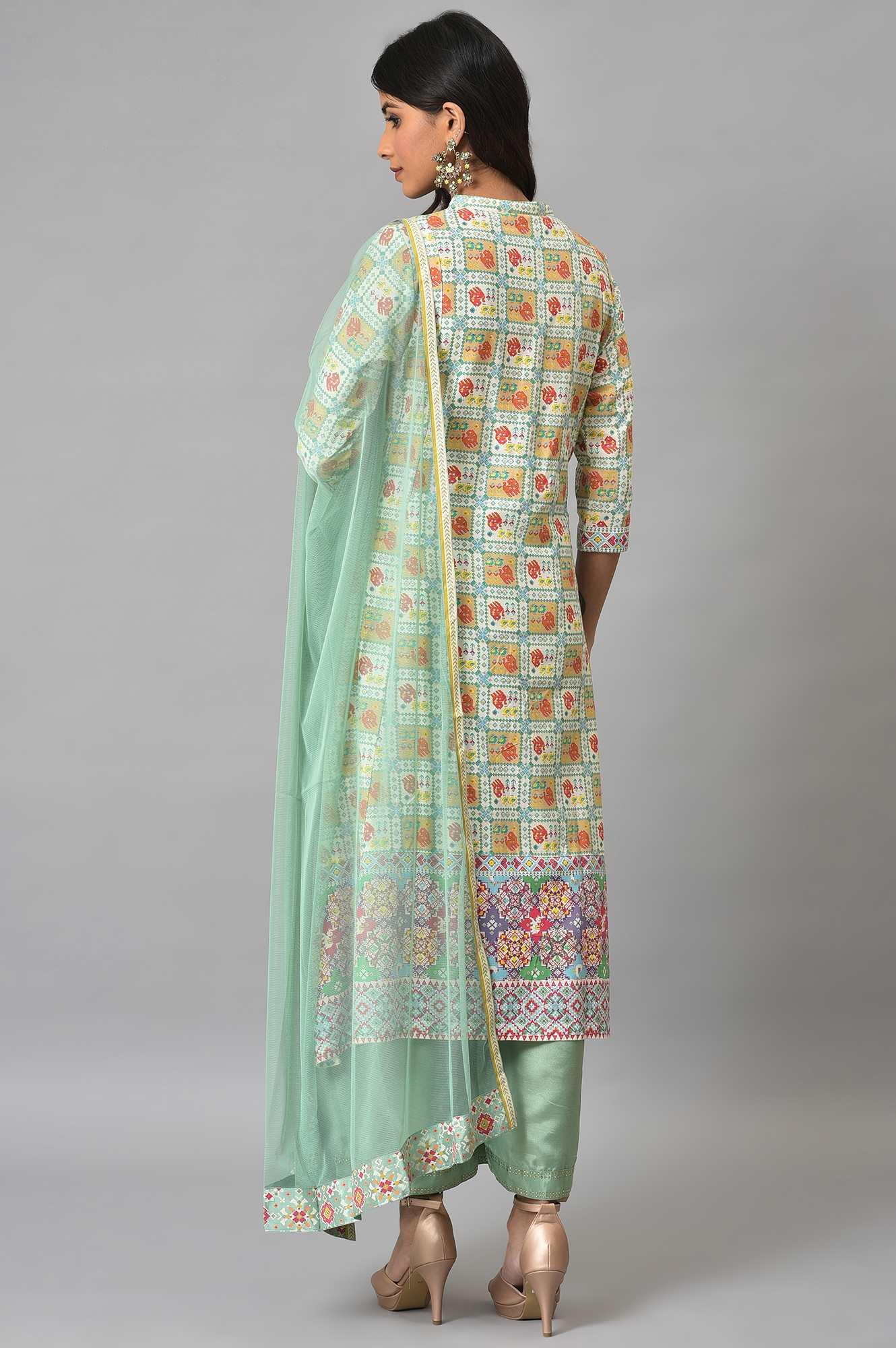 Ecru And Multicoloured Printed Flared kurta With Green Parallel Pants And Mesh Dupatta - Image 2
