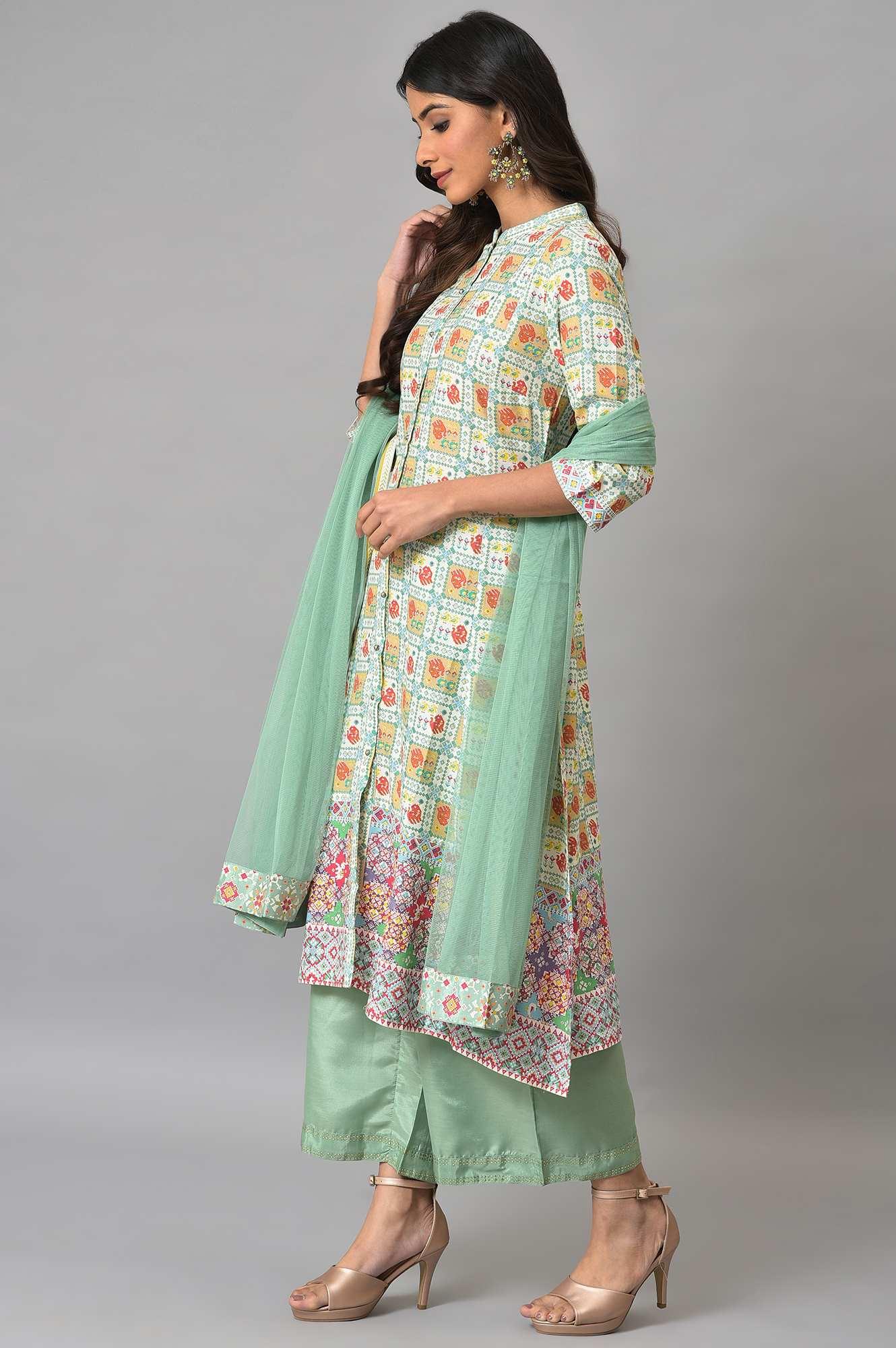 Ecru And Multicoloured Printed Flared kurta With Green Parallel Pants And Mesh Dupatta - Image 3