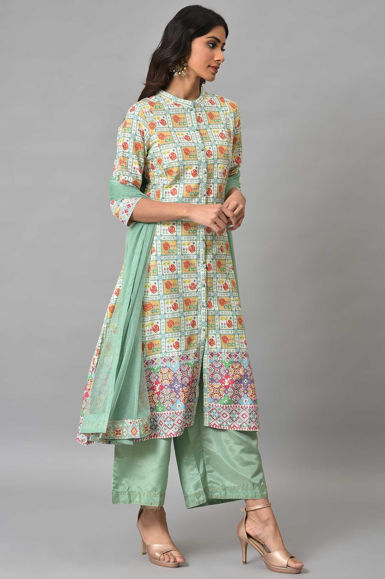 Ecru And Multicoloured Printed Flared kurta With Green Parallel Pants And Mesh Dupatta - Image 4