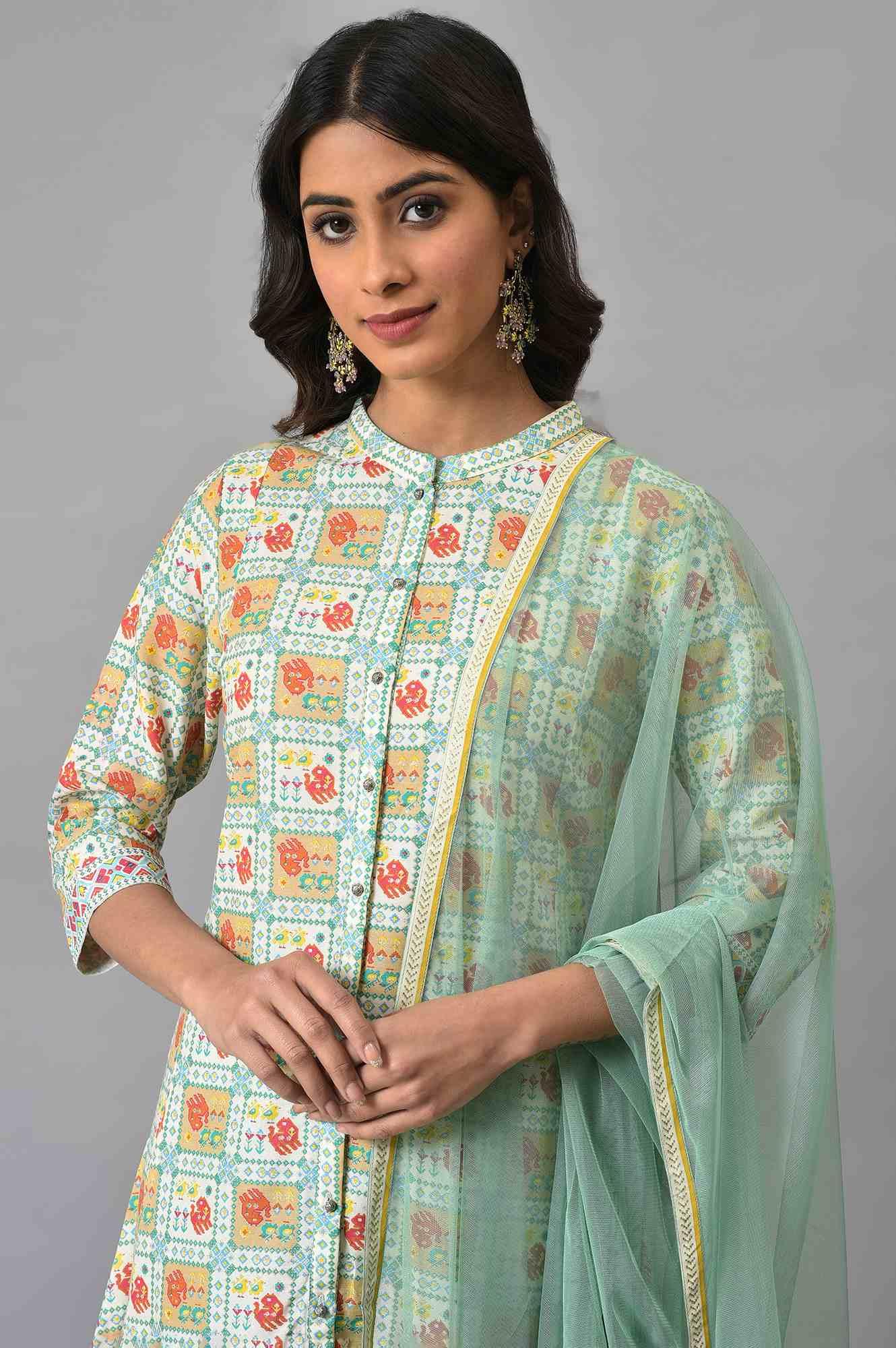 Ecru And Multicoloured Printed Flared kurta With Green Parallel Pants And Mesh Dupatta - Image 5