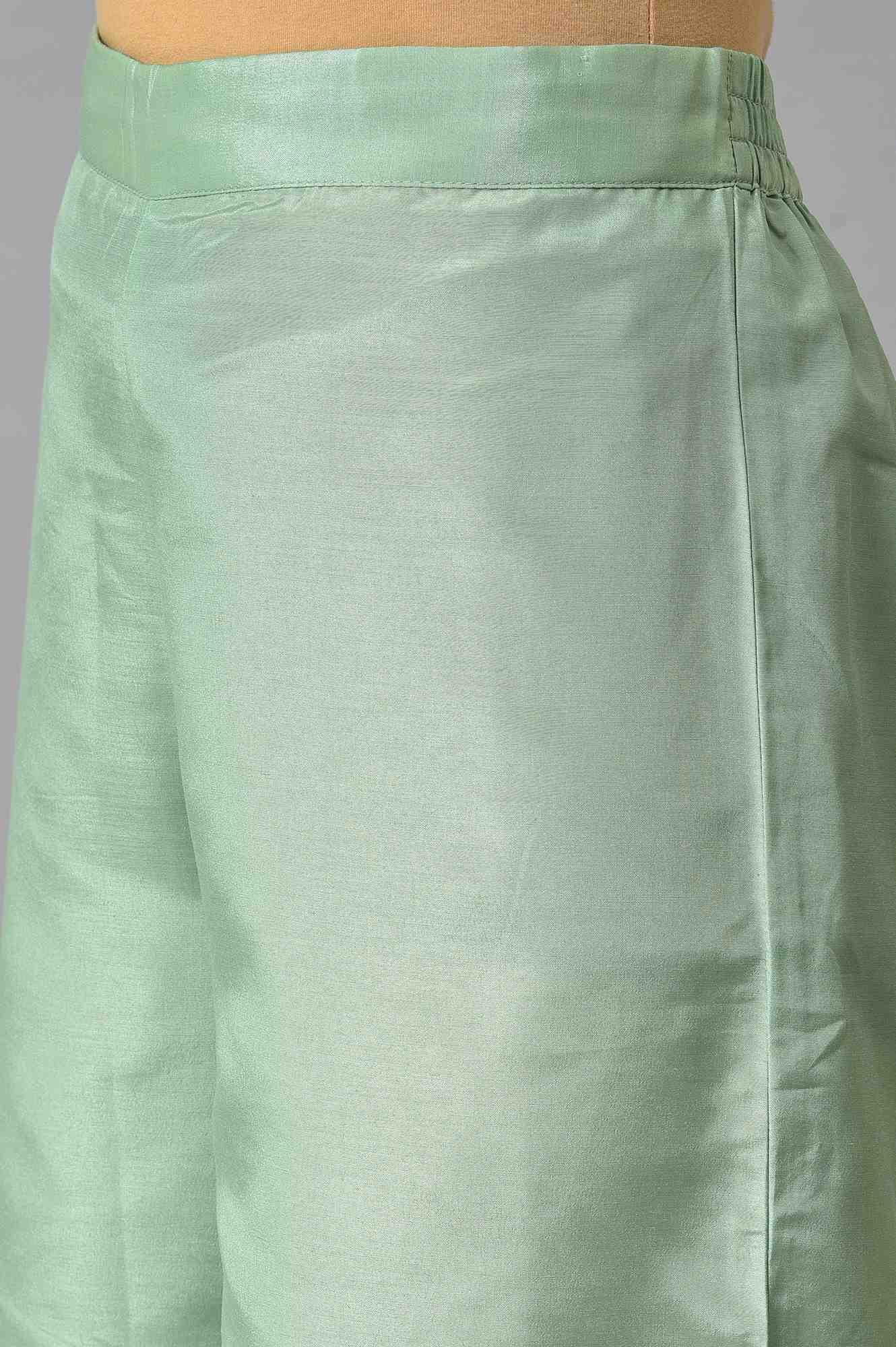 Ecru And Multicoloured Printed Flared kurta With Green Parallel Pants And Mesh Dupatta - Image 7