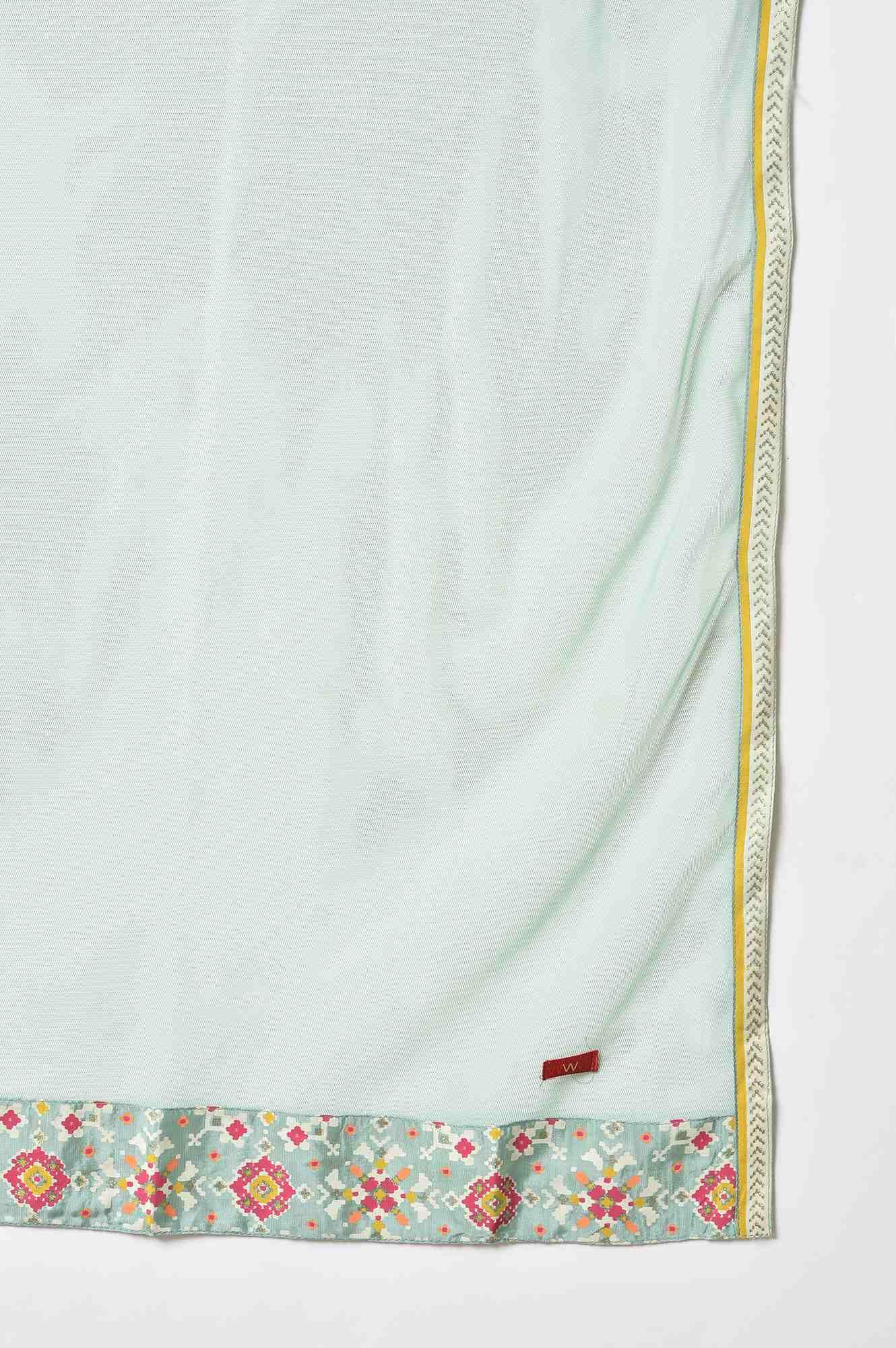 Ecru And Multicoloured Printed Flared kurta With Green Parallel Pants And Mesh Dupatta - Image 9