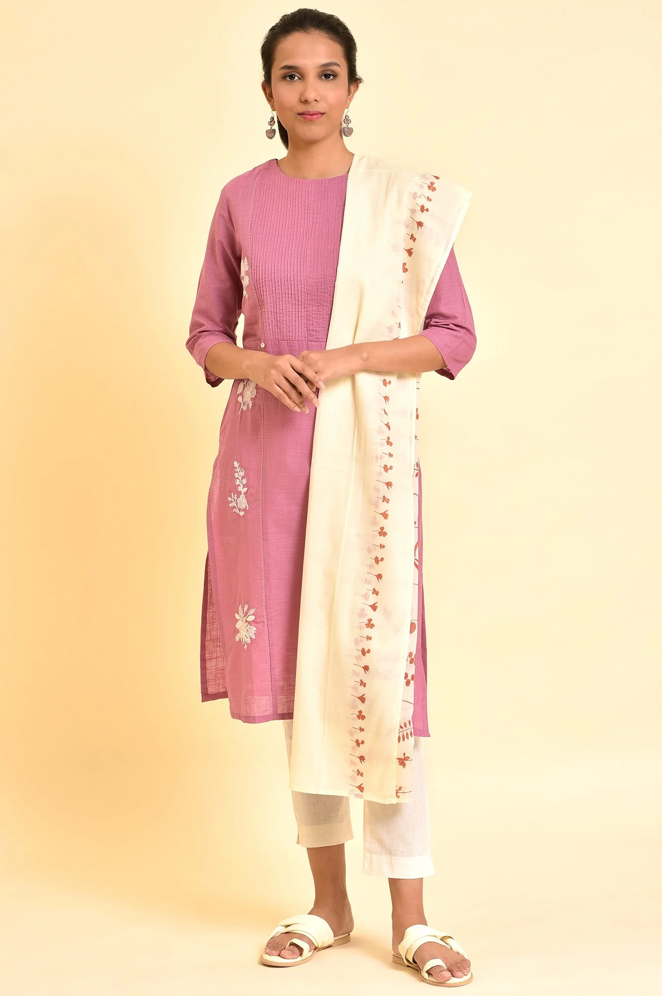 Ecru And Orange Printed Dupatta - Image 2