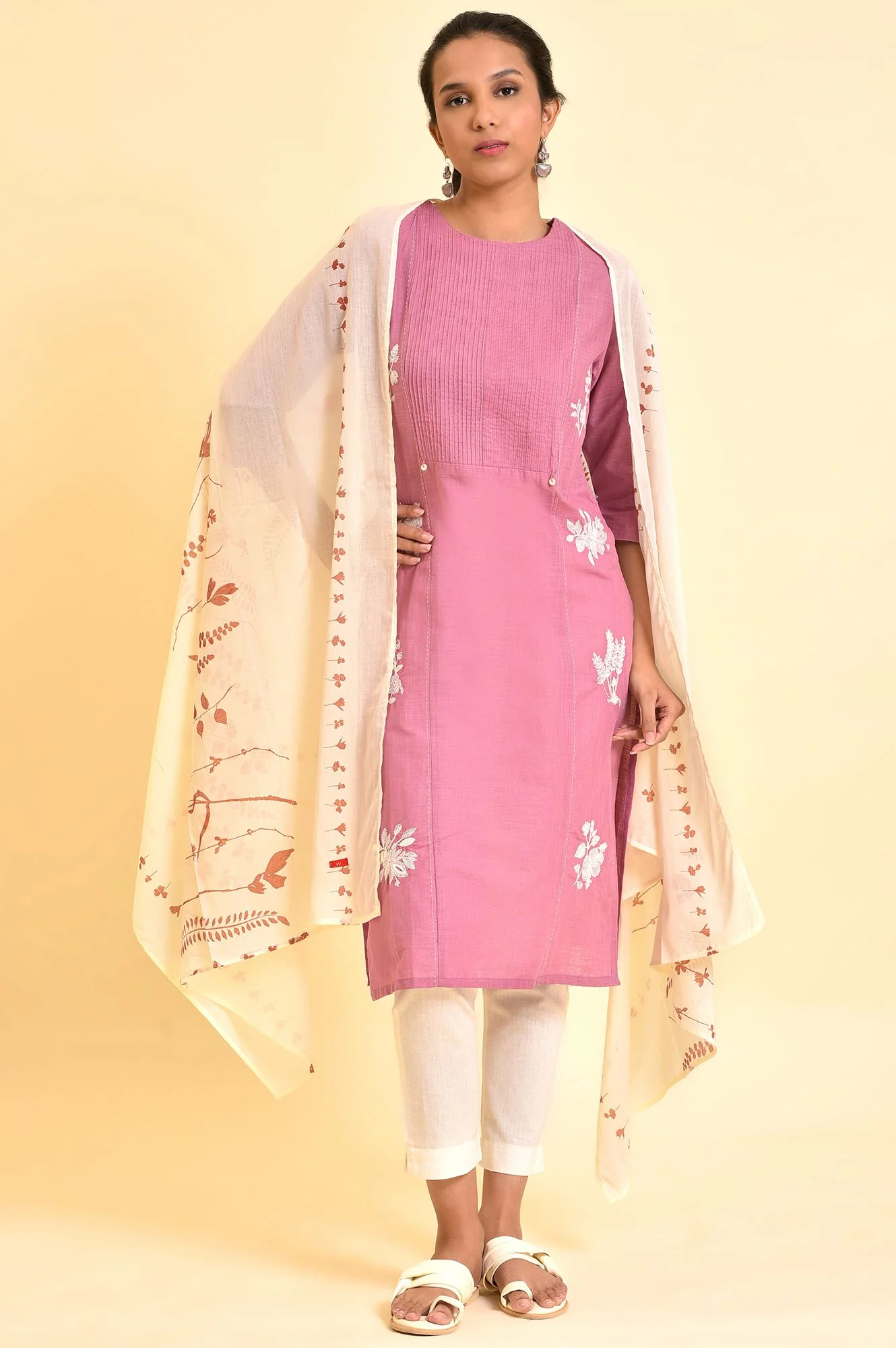 Ecru And Orange Printed Dupatta - Image 3