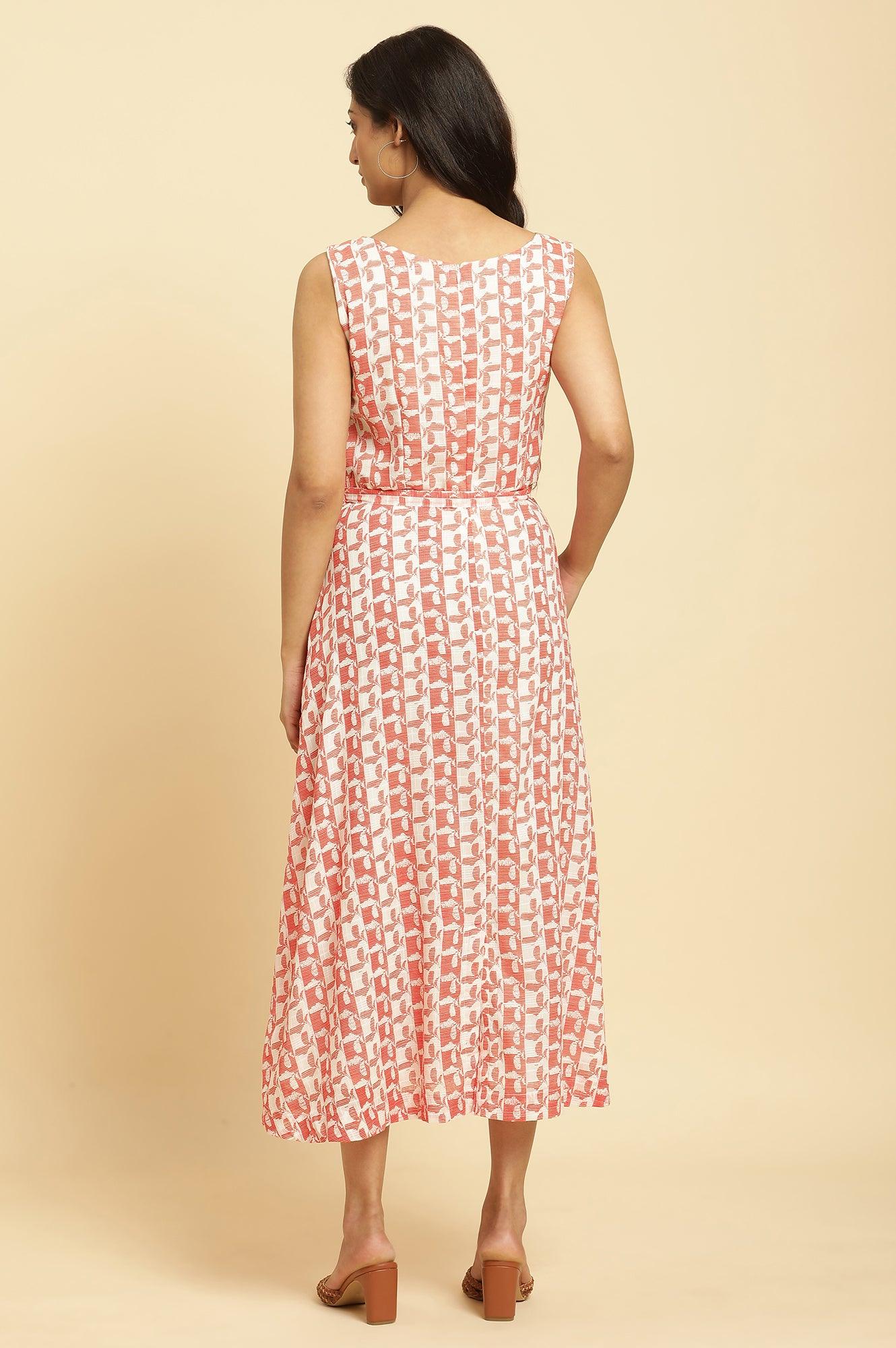 Ecru And Orange Printed Sleeveless Western Dress - Image 4
