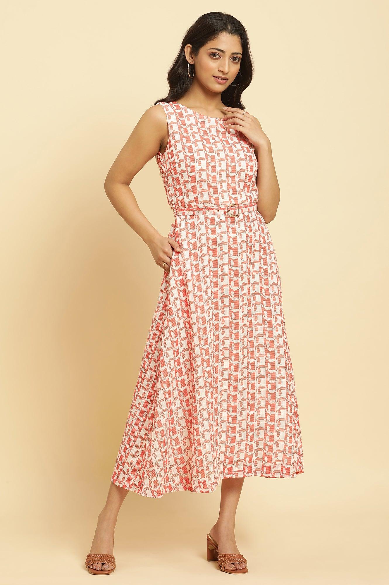 Ecru And Orange Printed Sleeveless Western Dress - Image 5
