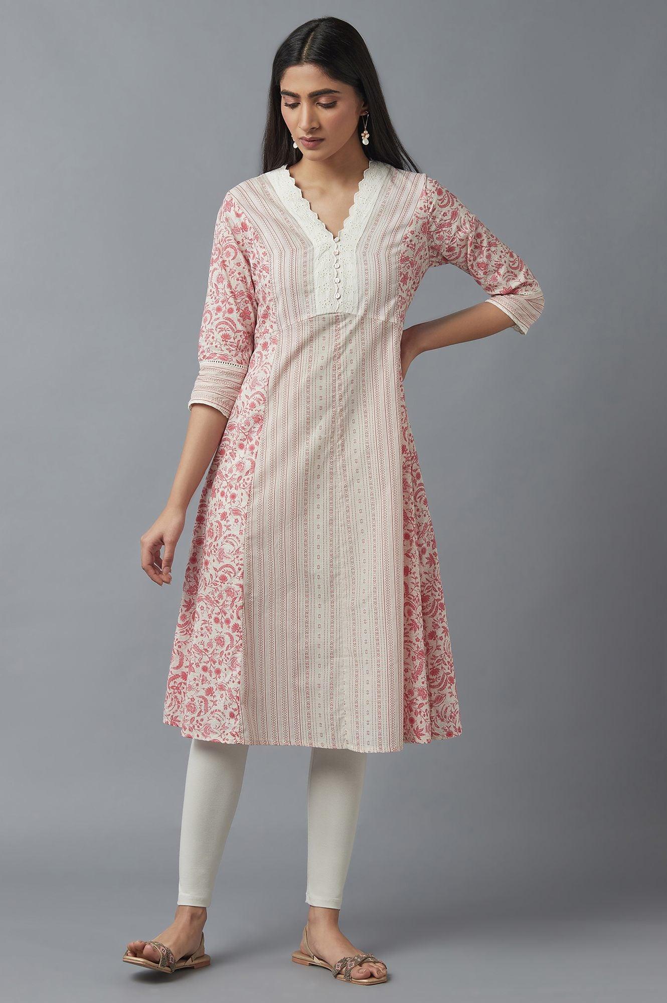 Ecru and Red A-line kurta