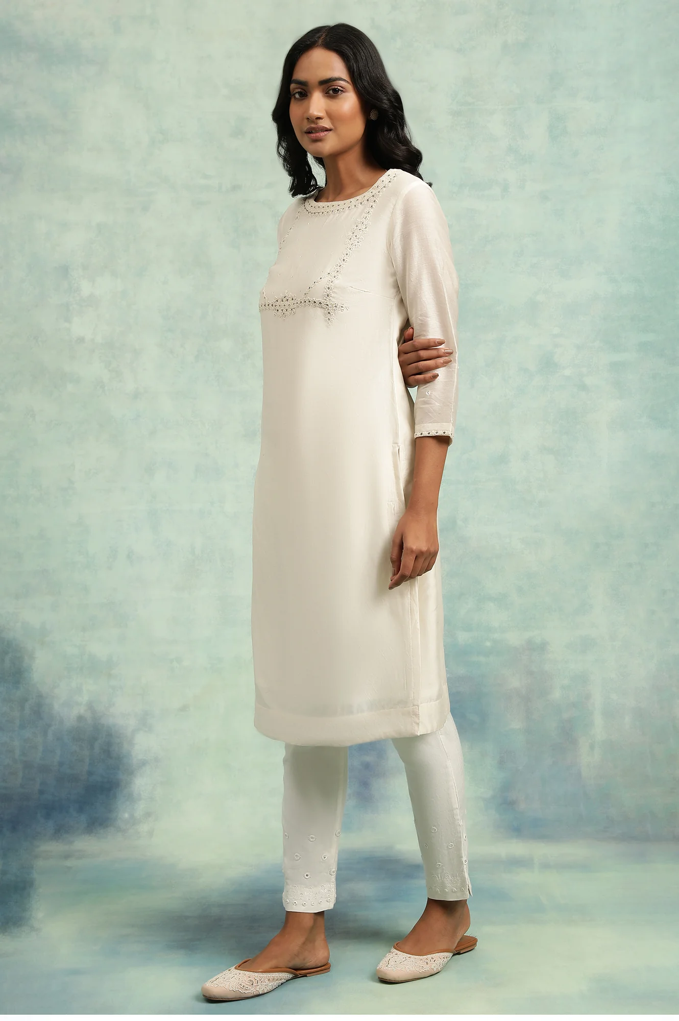 Ecru Bead Embroidered Cotton Silk kurta - Image 3