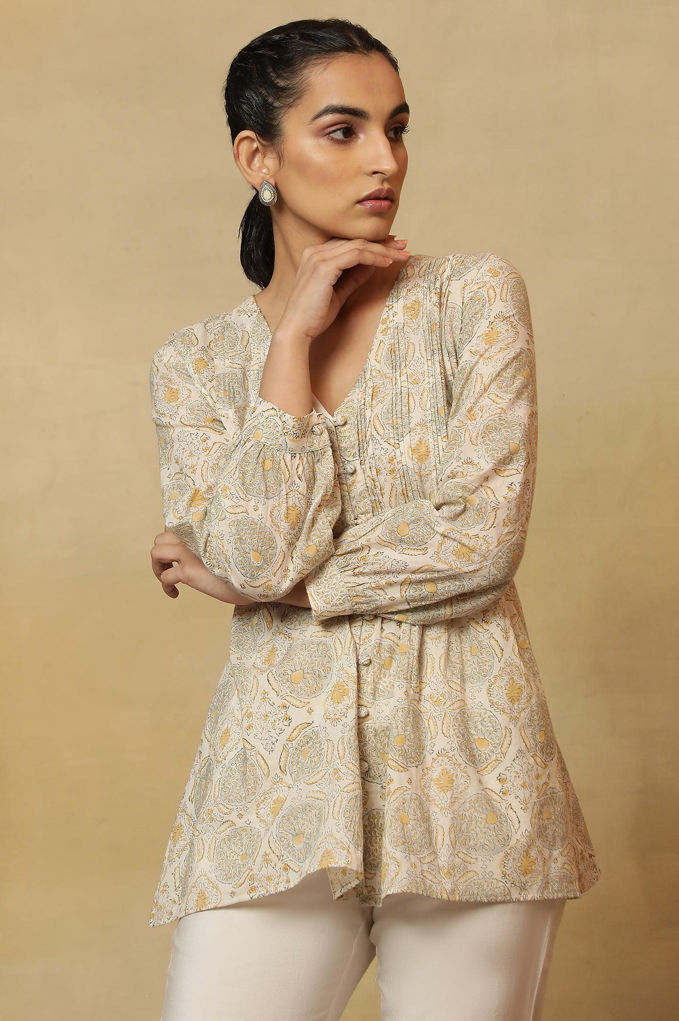 Ecru Block Print Pleated V-Neck Top - Image 6