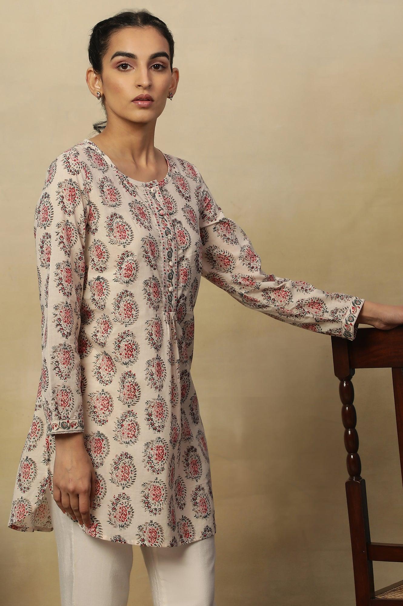 Ecru Block Print Round Neck Top In Cotton Voile - Image 4
