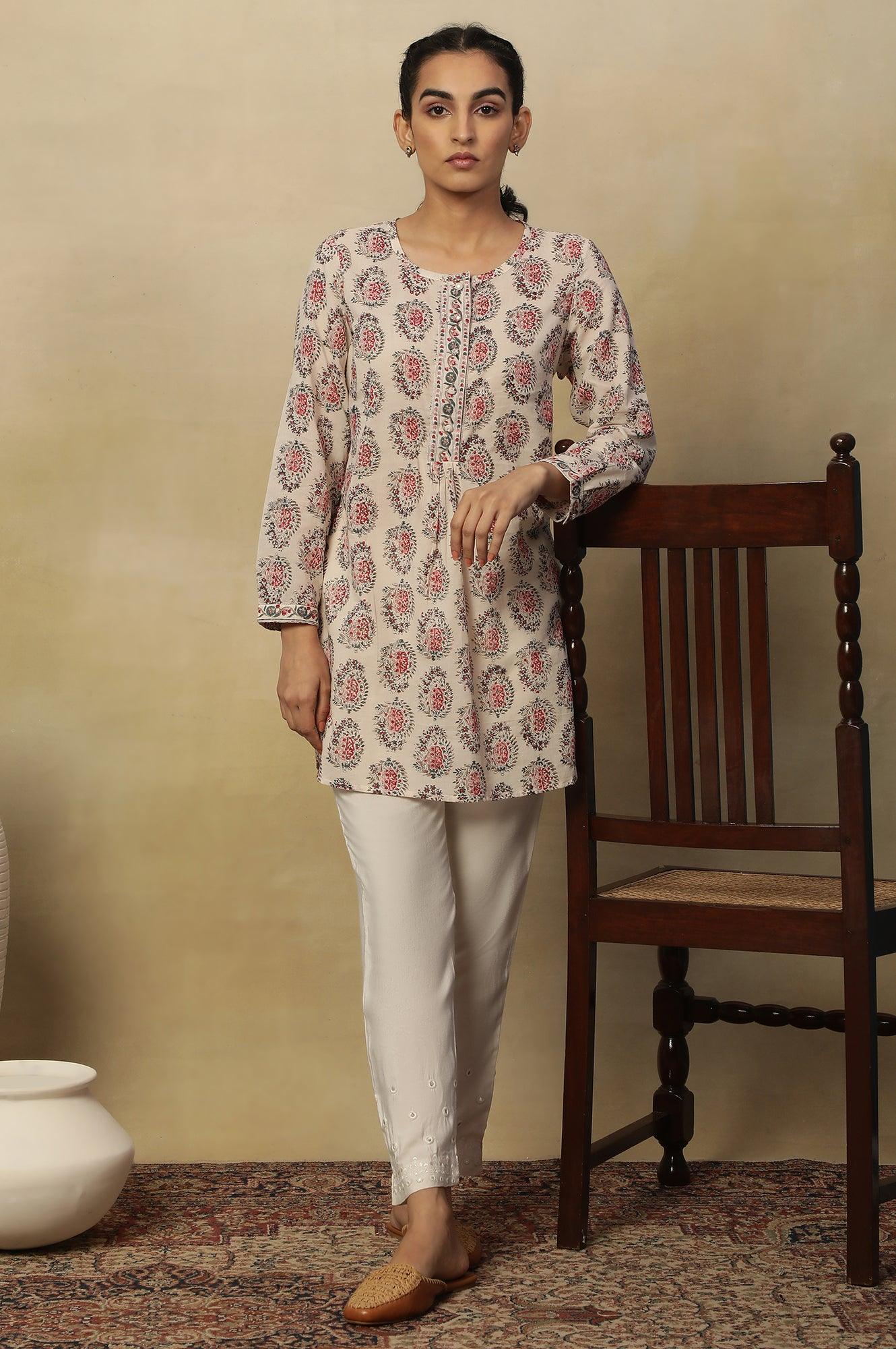 Ecru Block Print Round Neck Top In Cotton Voile - Image 5
