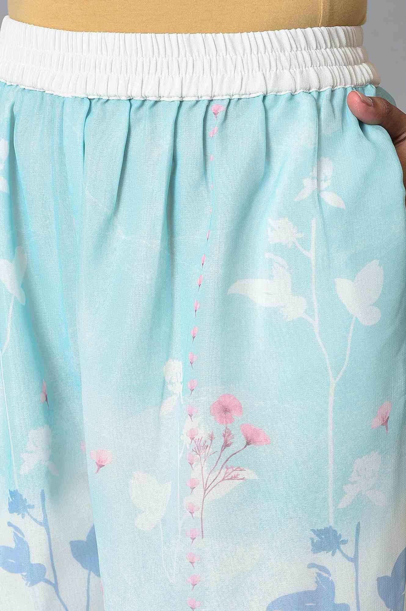Ecru & Blue Floral Georgette kurta With Parallel Pants And Dupatta - Image 7