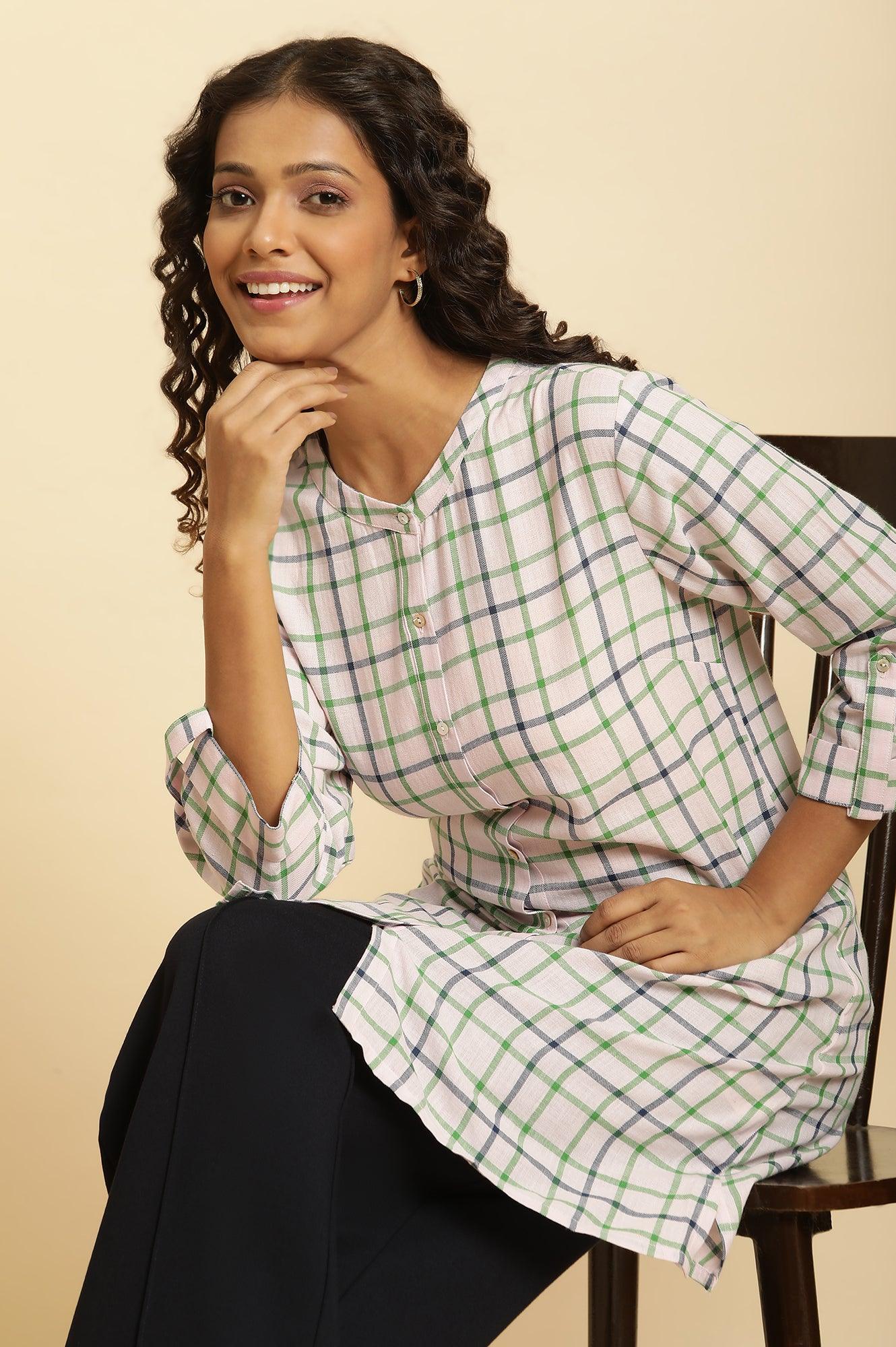 Ecru Check Printed Cotton Tunic