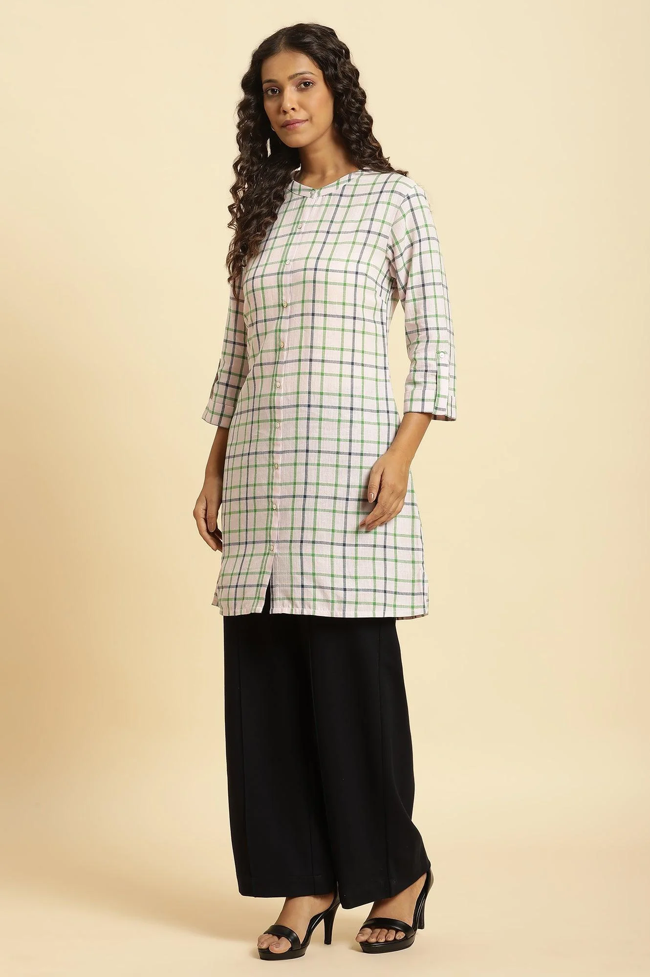Ecru Check Printed Cotton Tunic - Image 3