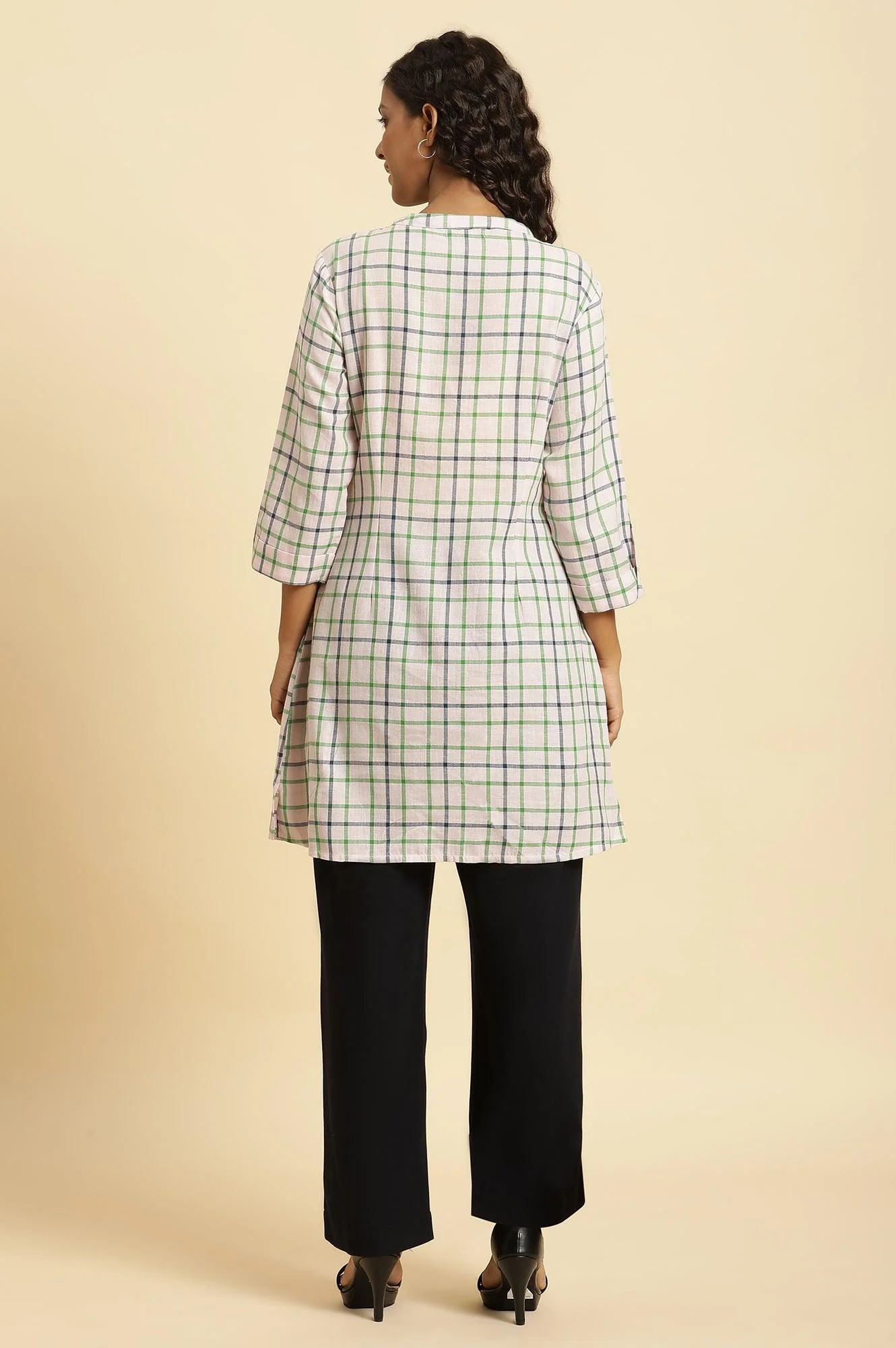 Ecru Check Printed Cotton Tunic - Image 4