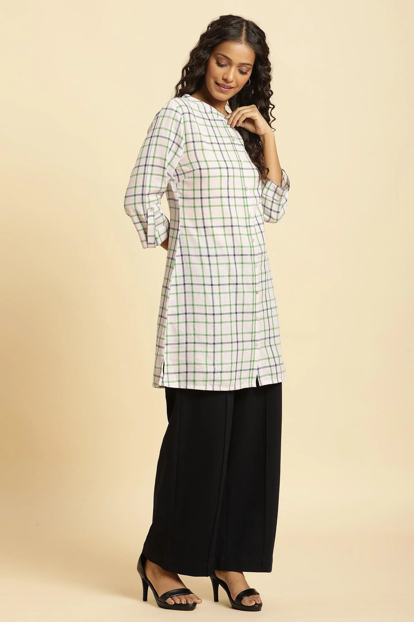 Ecru Check Printed Cotton Tunic - Image 5
