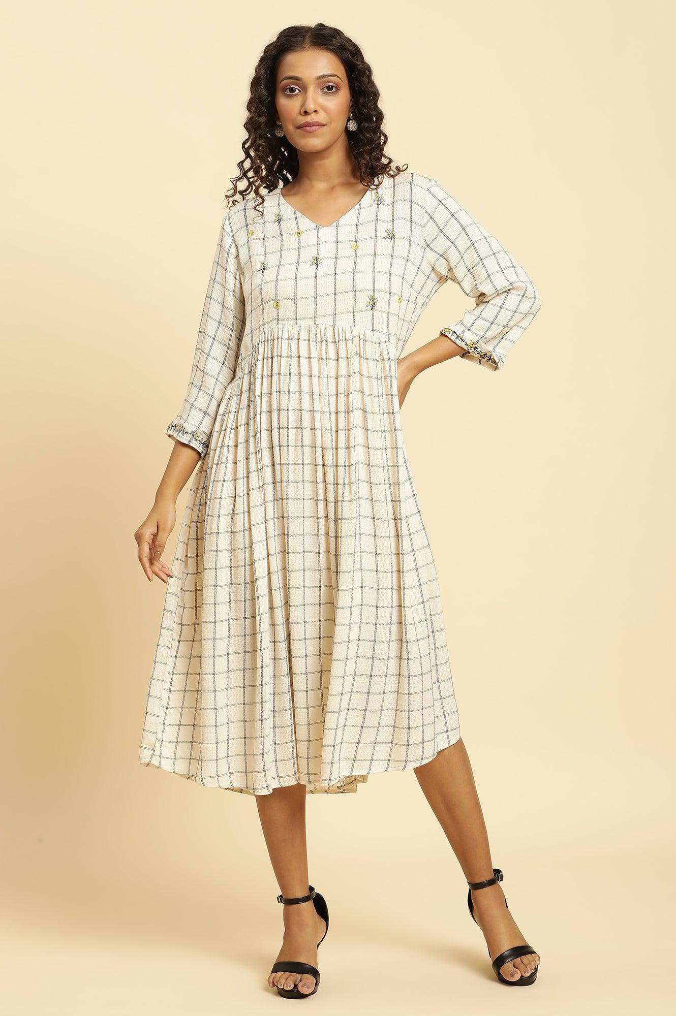 Ecru Checker Thread Embroidered Dress - Image 2