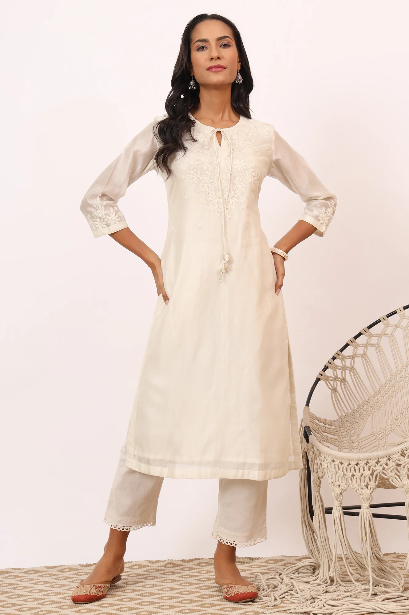 Ecru Chikankari Kurta in Cotton silk - Image 2