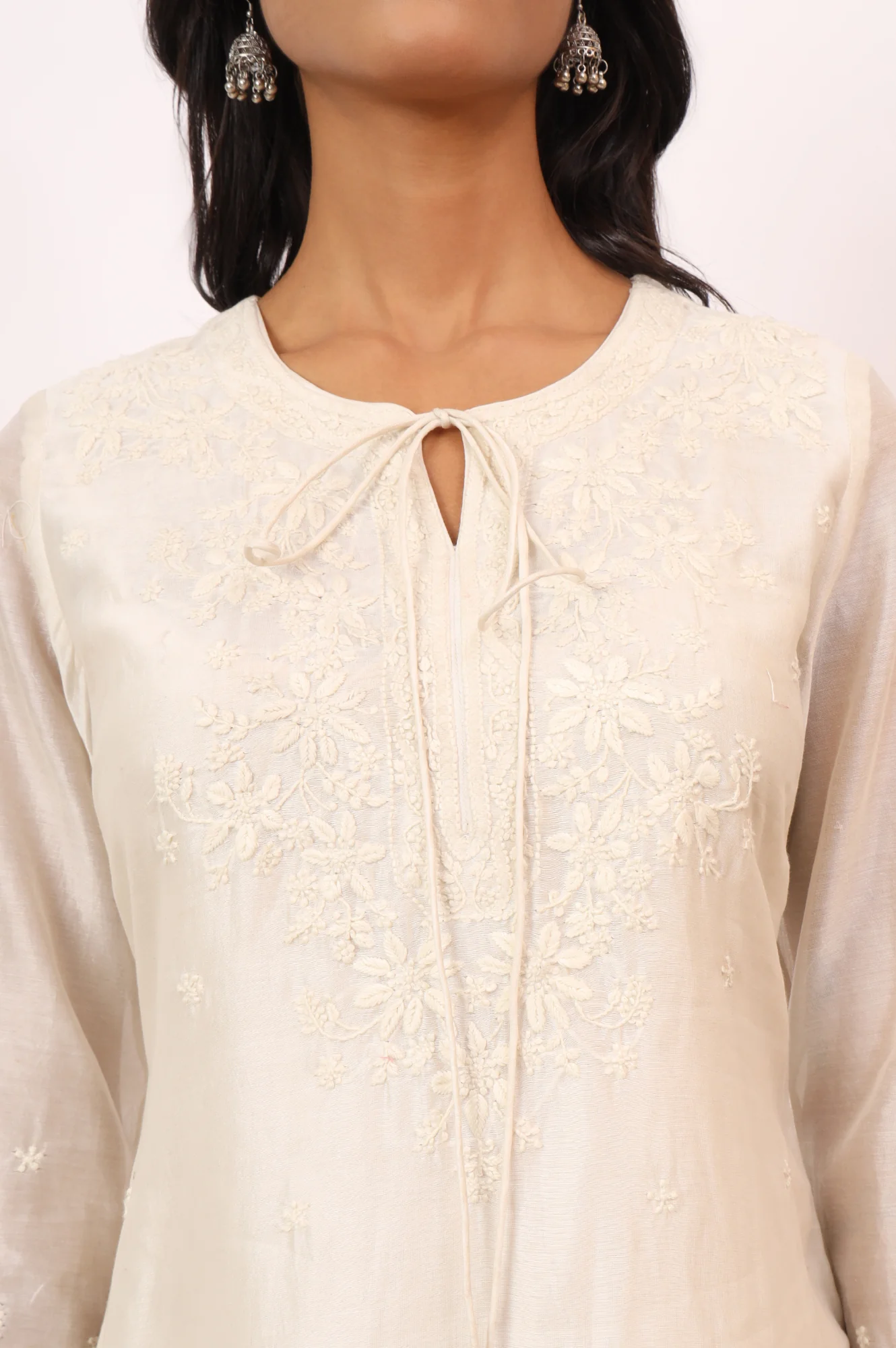 Ecru Chikankari Kurta in Cotton silk - Image 4
