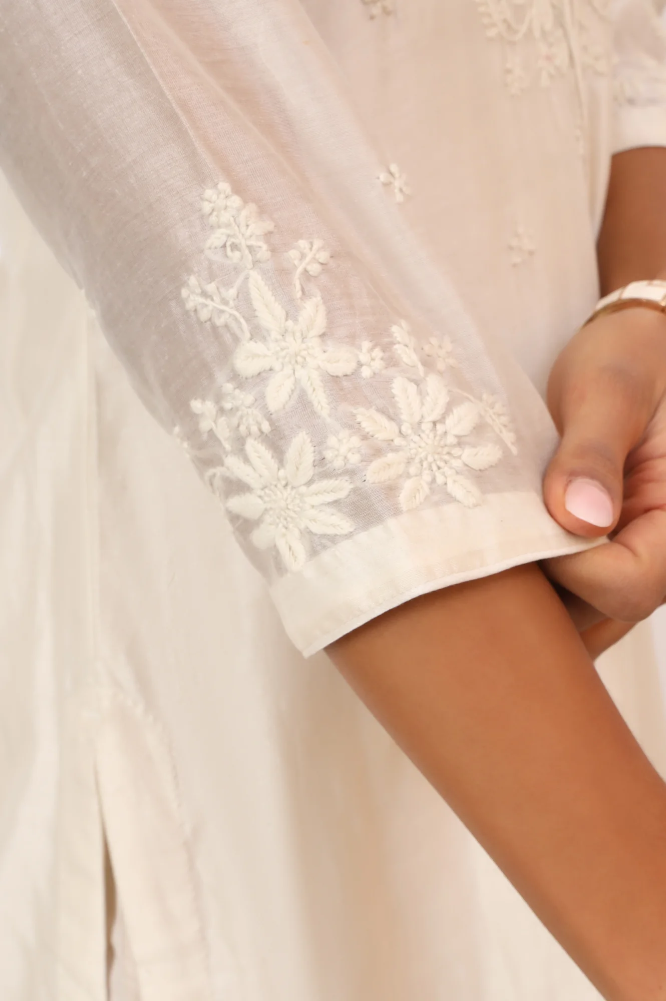 Ecru Chikankari Kurta in Cotton silk - Image 8