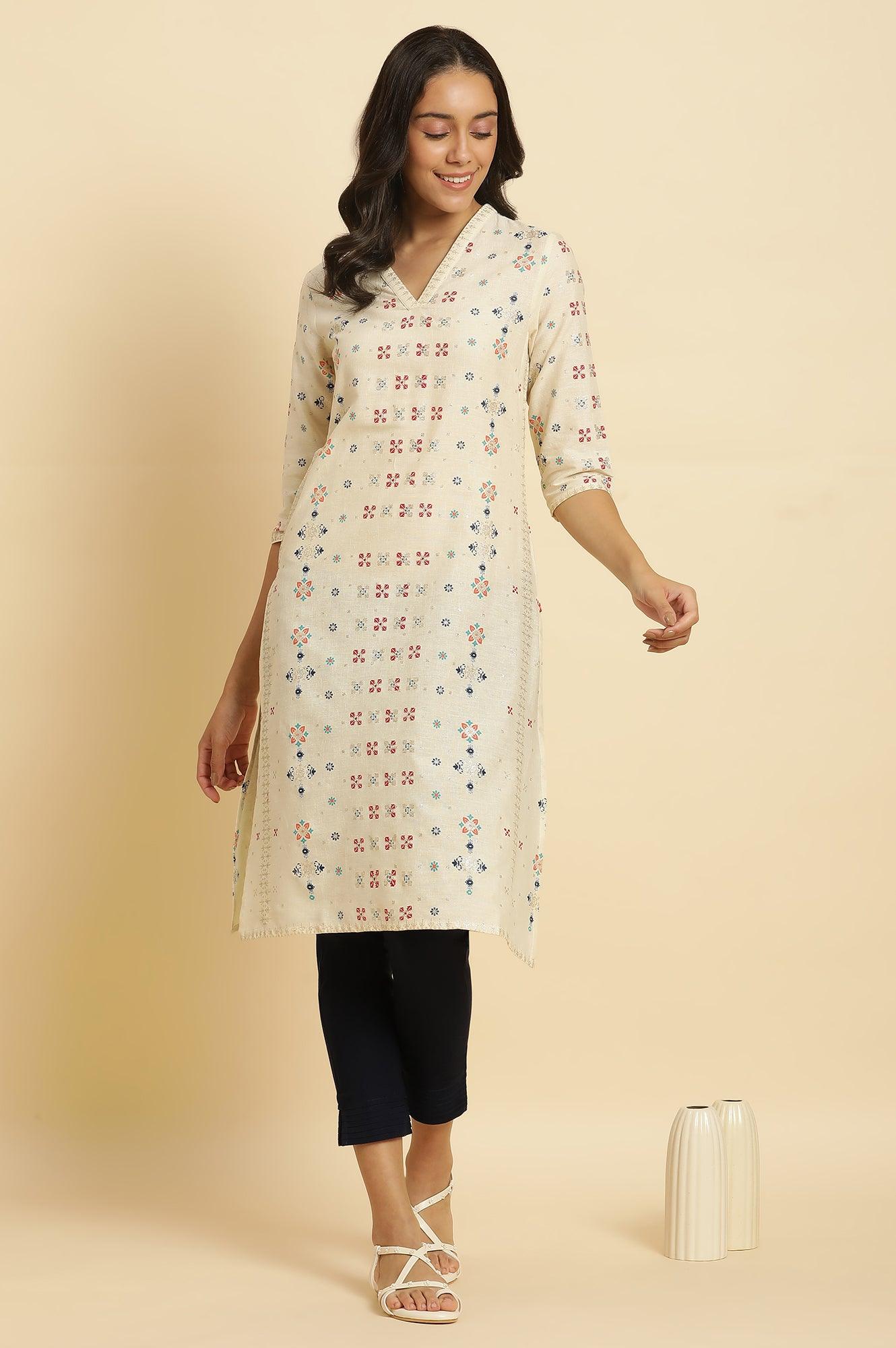 Ecru Cottom Flax Kurta In Multi-Coloured Print