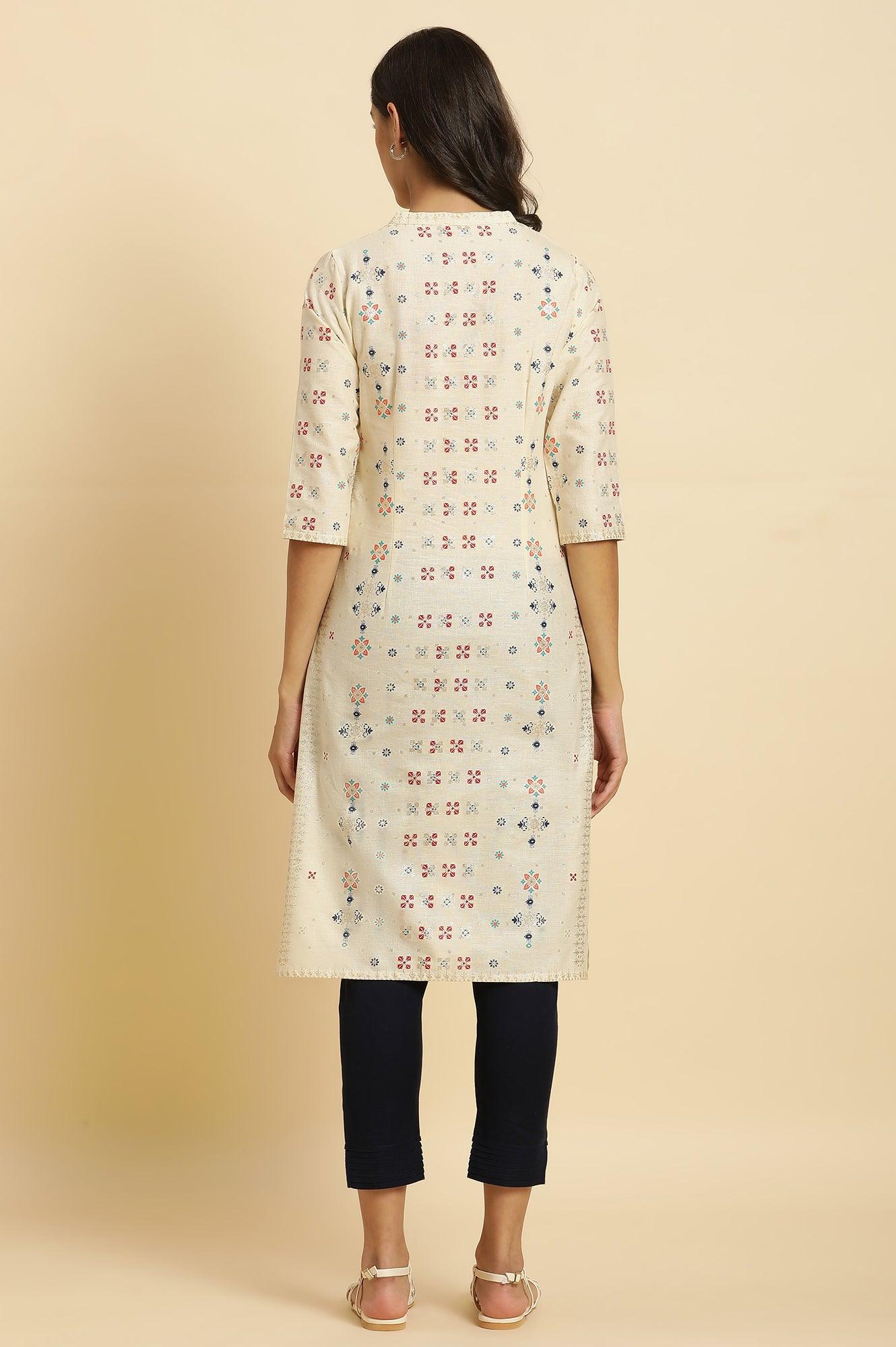 Ecru Cottom Flax Kurta In Multi-Coloured Print - Image 3