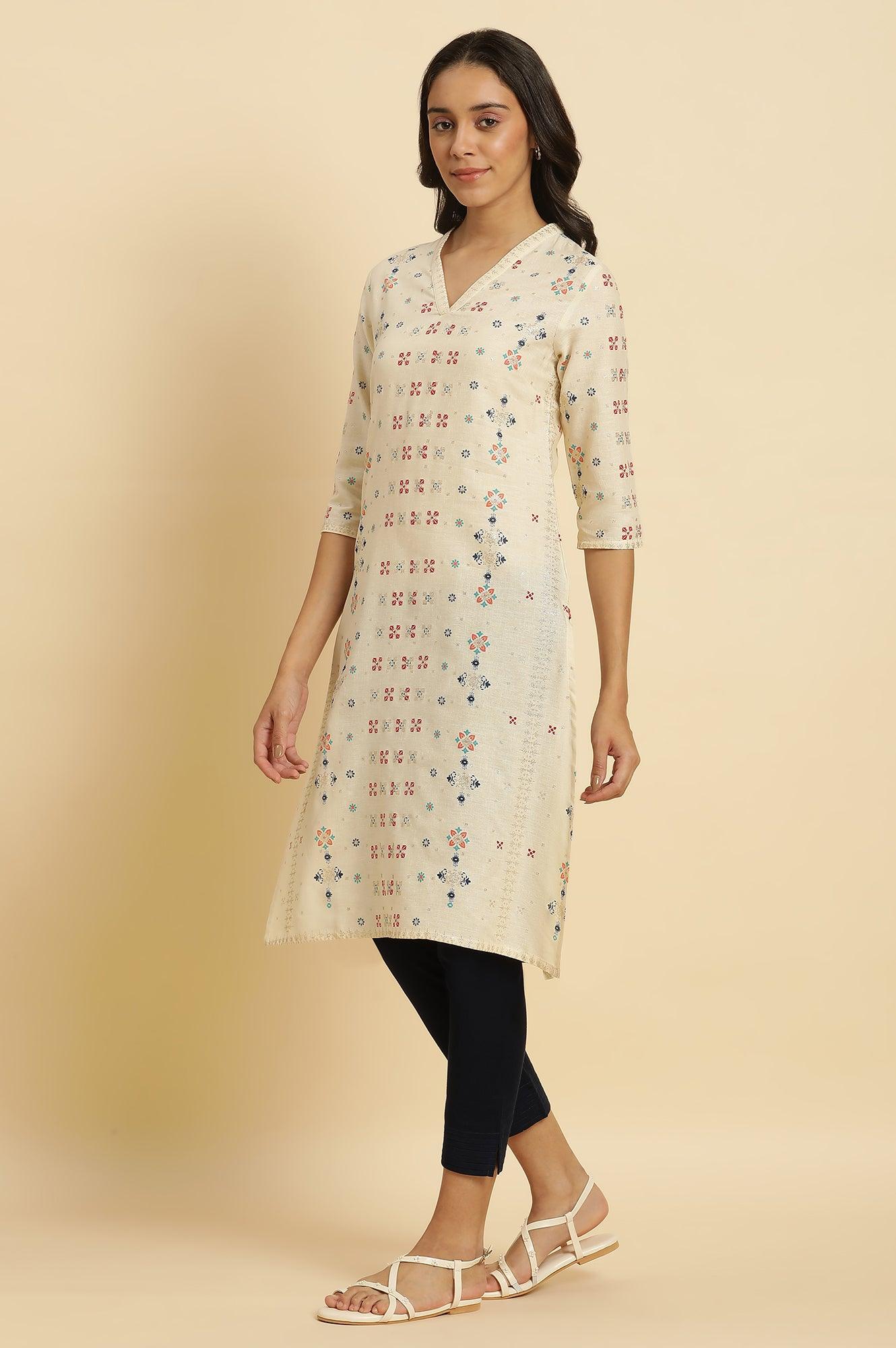 Ecru Cottom Flax Kurta In Multi-Coloured Print - Image 4