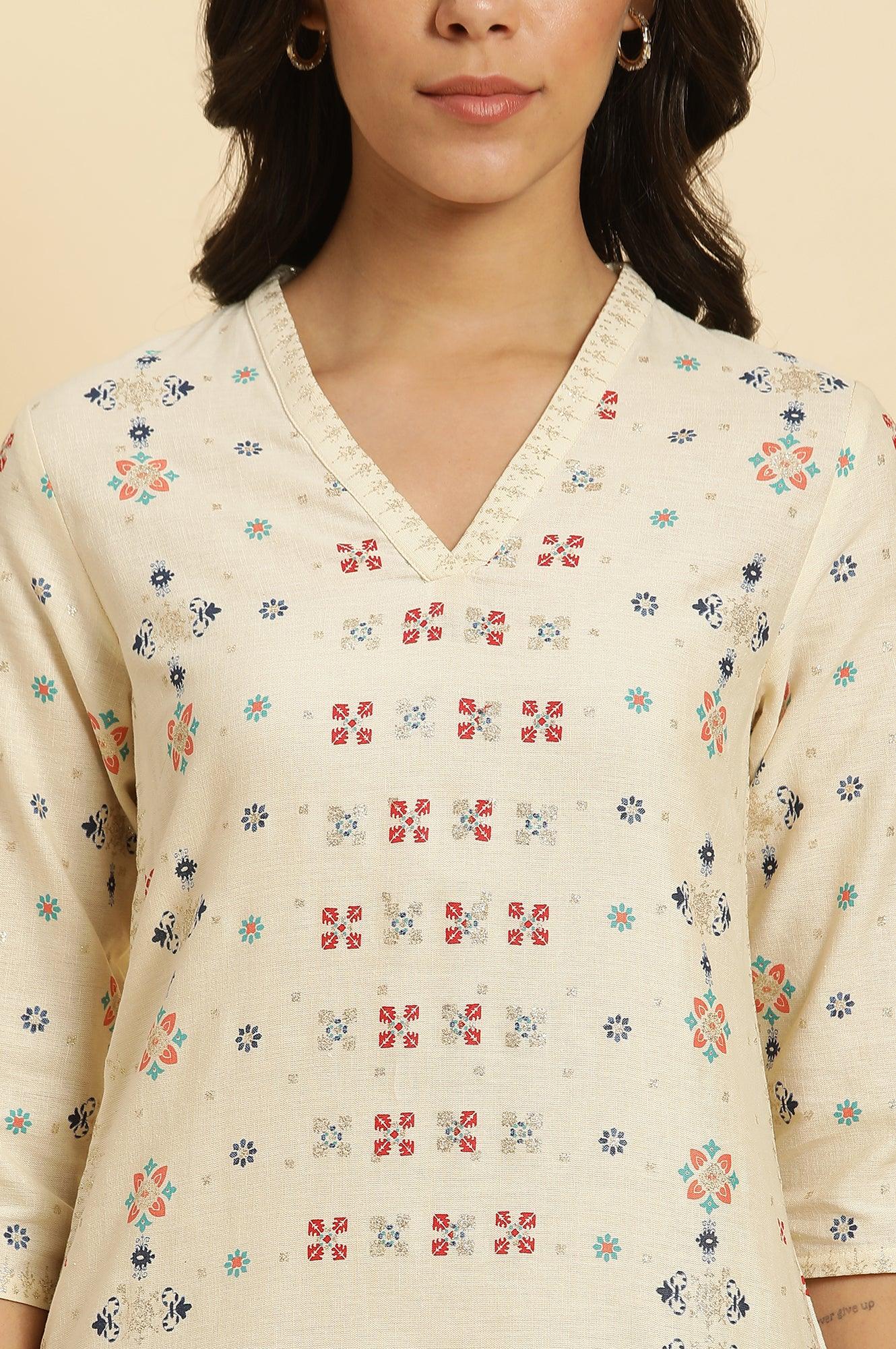 Ecru Cottom Flax Kurta In Multi-Coloured Print - Image 5