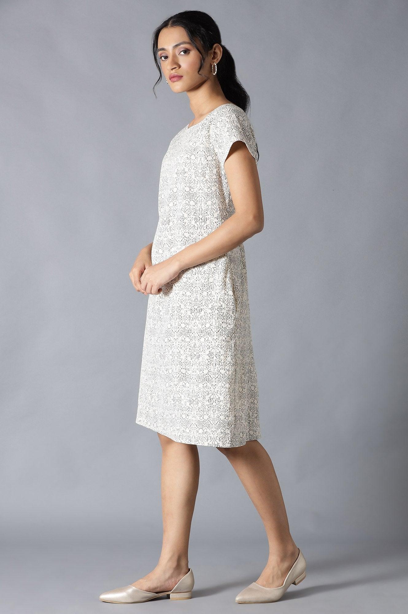 Ecru Cotton Embroidered Dress In Round Neck - Image 3
