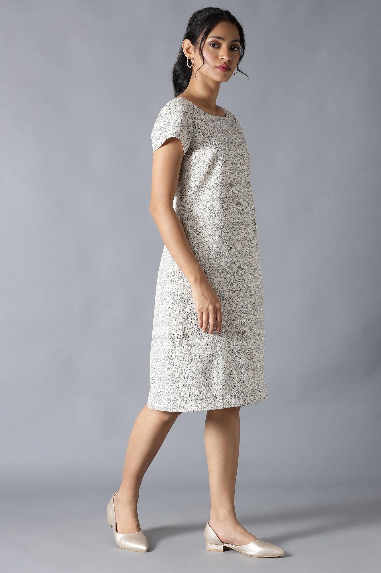 Ecru Cotton Embroidered Dress In Round Neck - Image 4