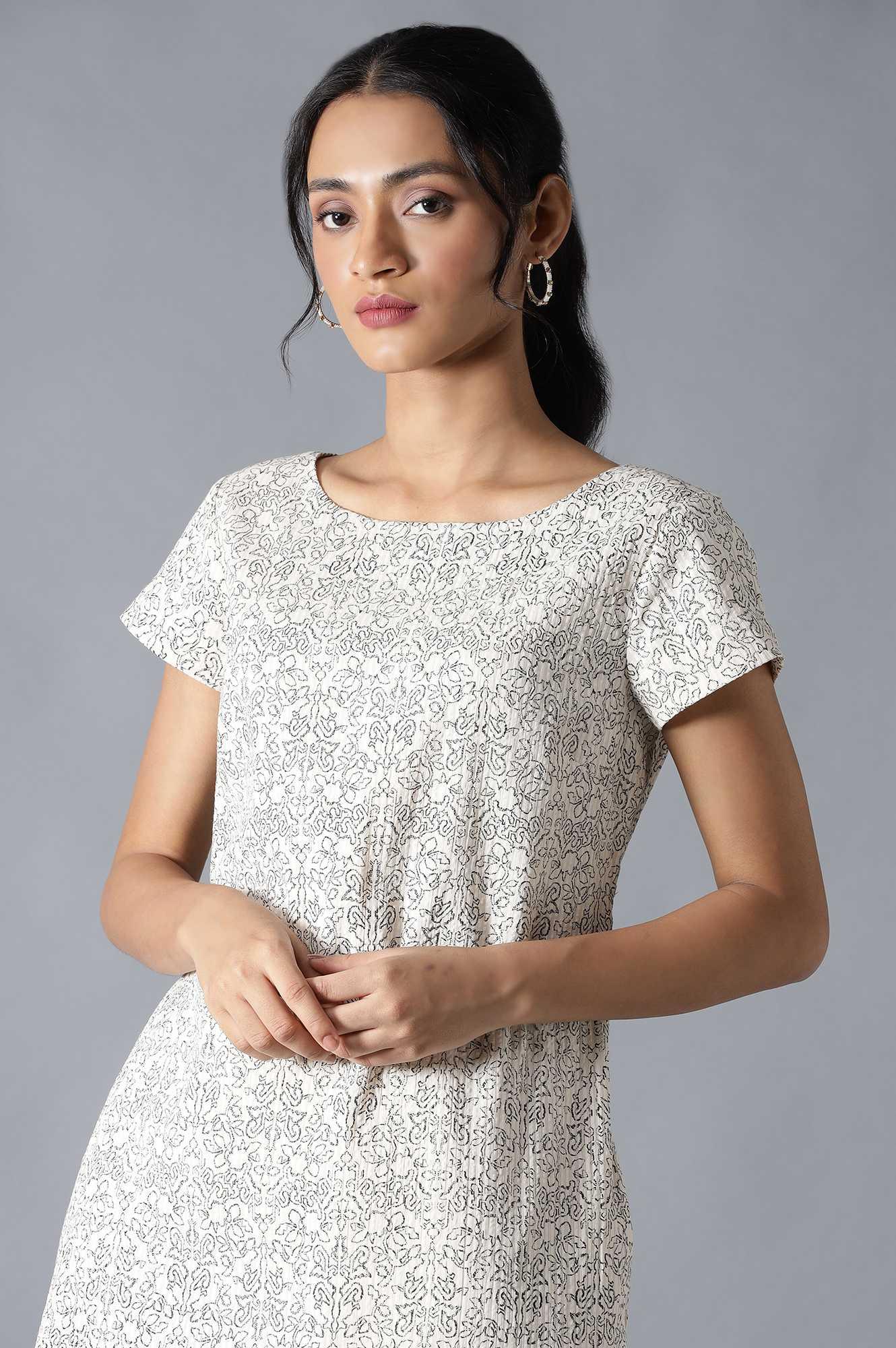 Ecru Cotton Embroidered Dress In Round Neck - Image 5