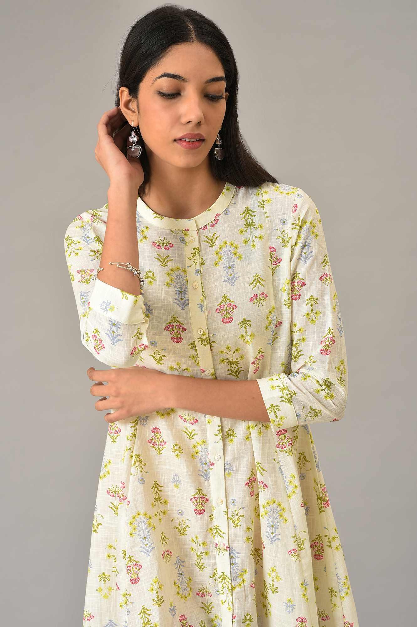 Ecru Cotton Flared Dress With Multicoloured Floreal Print - Image 5