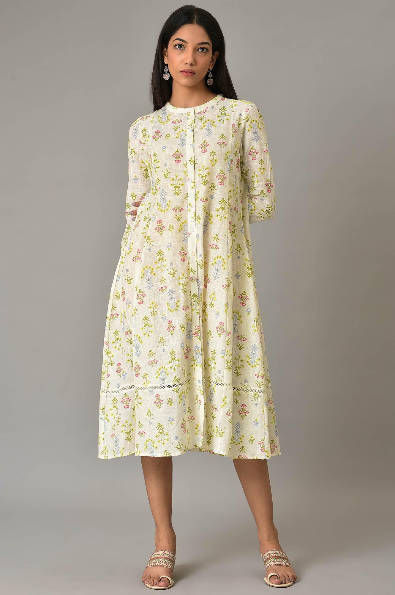 Ecru Cotton Flared Dress With Multicoloured Floreal Print - Image 6
