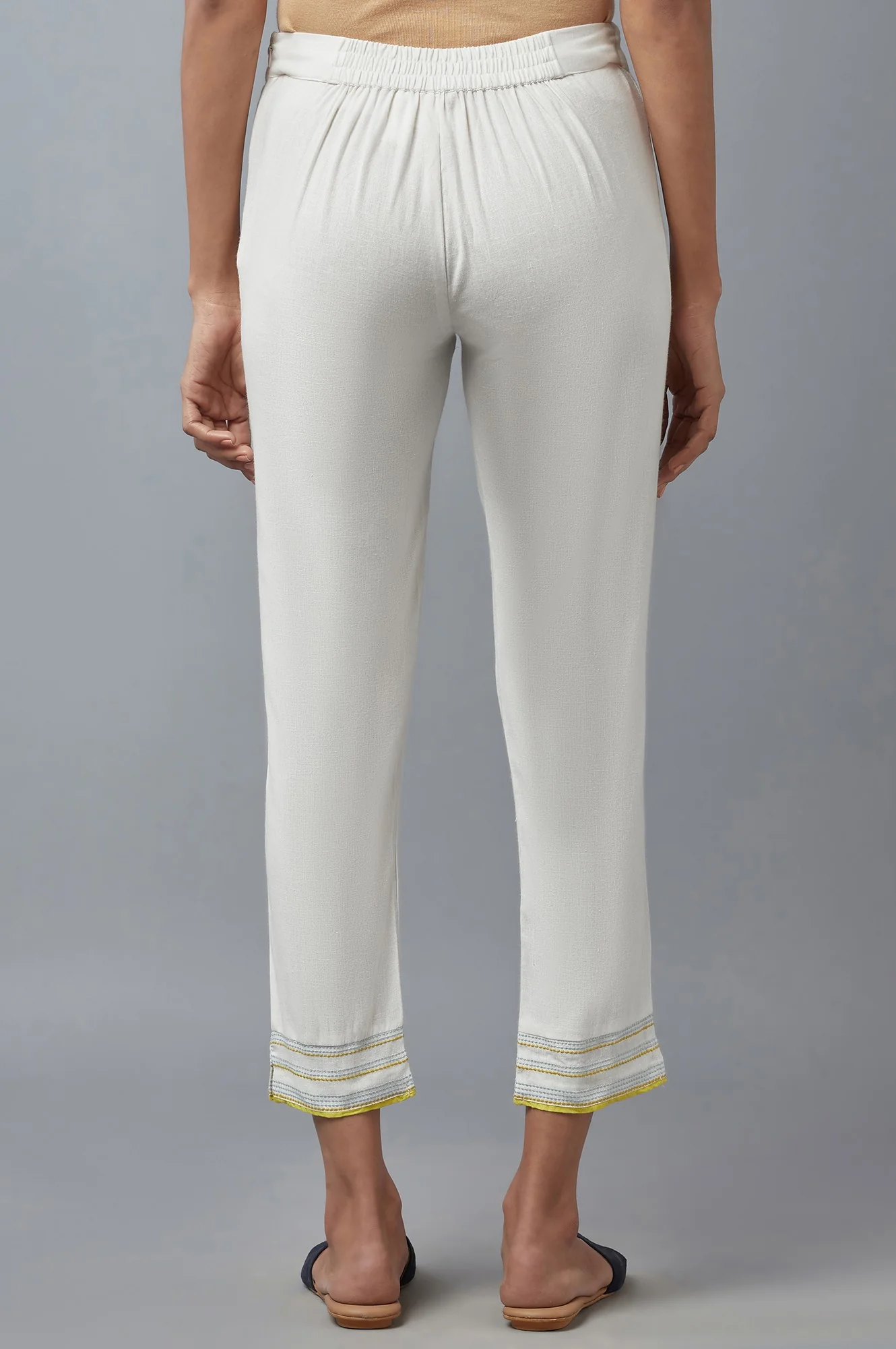 White Cotton Flax Solid Slim Pants - Image 2